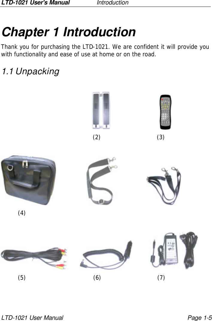 LTD-1021 User&apos;s Manual   Introduction LTD-1021 User Manual Page 1-5 Chapter 1 Introduction Thank you for purchasing the LTD-1021. We are confident it will provide you with functionality and ease of use at home or on the road. 1.1 Unpacking                                                                                (2)                              (3)                                             (4)                             (5)                                    (6)                              (7)  