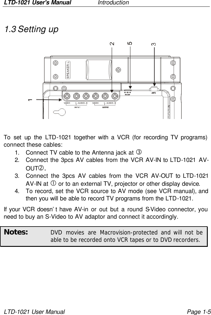 LTD-1021 User&apos;s Manual   Introduction LTD-1021 User Manual Page 1-5 1.3 Setting up      To set up the LTD-1021 together with a VCR (for recording TV programs) connect these cables: 1. Connect TV cable to the Antenna jack at ƒ 2. Connect the 3pcs AV cables from the VCR AV-IN to LTD-1021 AV-OUT‚. 3. Connect the 3pcs AV cables from the VCR AV-OUT to LTD-1021 AV-IN at • or to an external TV, projector or other display device. 4. To record, set the VCR source to AV mode (see VCR manual), and then you will be able to record TV programs from the LTD-1021. If your VCR doesn’t have AV-in or out but a round S-Video connector, you need to buy an S-Video to AV adaptor and connect it accordingly. Notes: DVD movies are Macrovision-protected and will not be able to be recorded onto VCR tapes or to DVD recorders. 