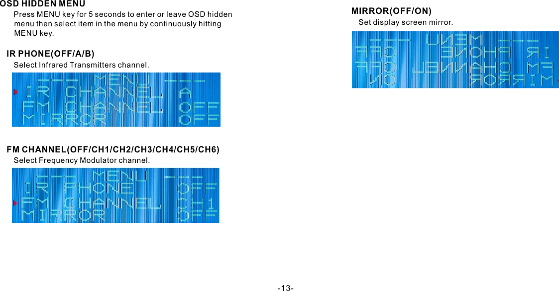 OSD HIDDEN MENU      Press MENU key for 5 seconds to enter or leave OSD hidden       menu then select item in the menu by continuously hitting       MENU key.   IR PHONE(OFF/A/B)      Select Infrared Transmitters channel.   FM CHANNEL(OFF/CH1/CH2/CH3/CH4/CH5/CH6)      Select Frequency Modulator channel.   MIRROR(OFF/ON)      Set display screen mirror.      -13-