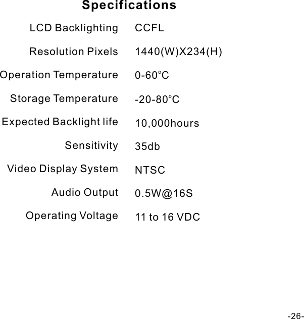              LCD Backlighting                     Resolution Pixels                           Operation Temperature    Storage Temperature Expected Backlight life                      Sensitivity    Video Display System                 Audio Output                               Operating Voltage                        SpecificationsCCFL1440(W)X234(H)o0-60 Co-20-80 C10,000hours35dbNTSC0.5W@16S11 to 16 VDC-26-