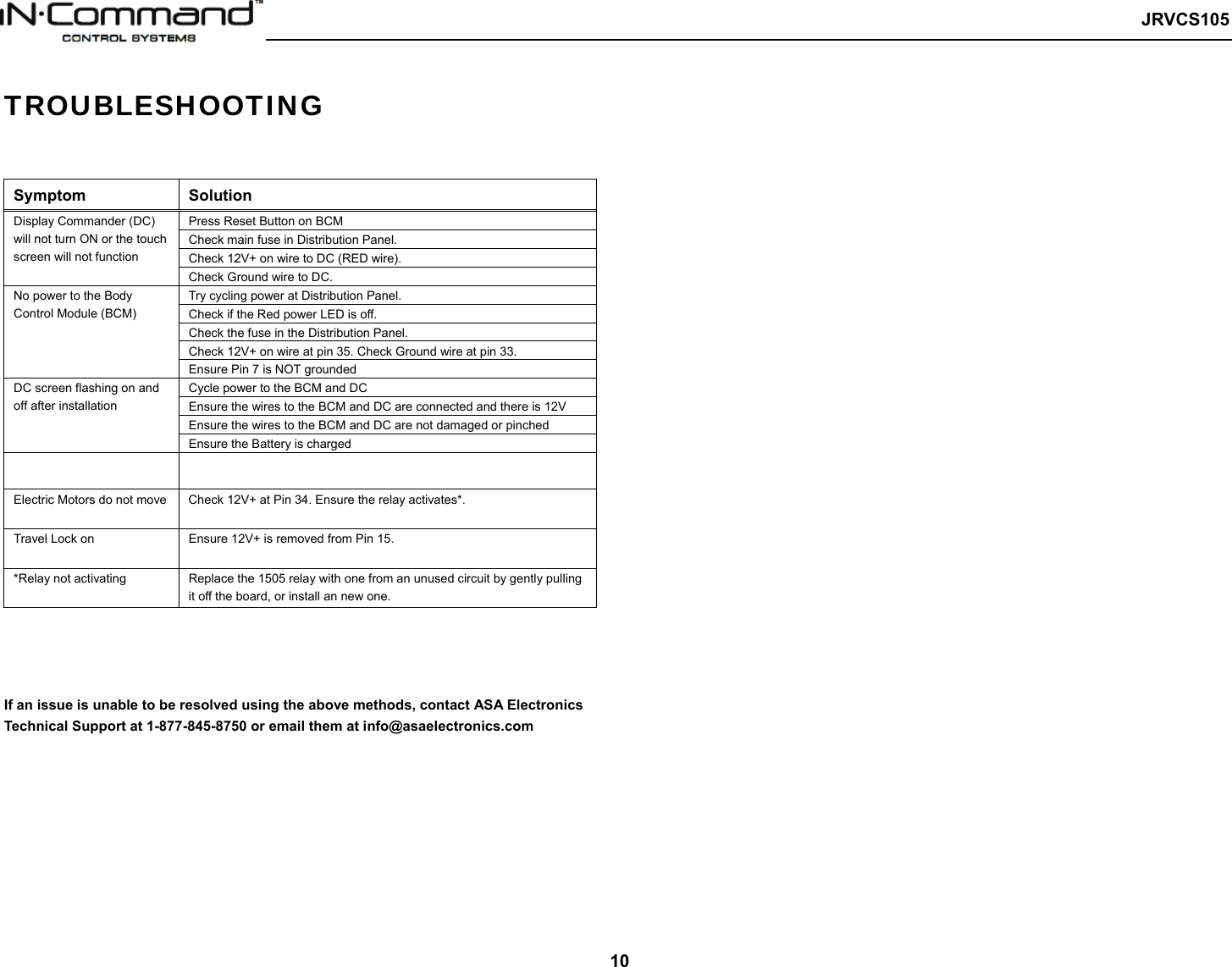   JRVCS105   10 TROUBLESHOOTING   Symptom  Solution Display Commander (DC) will not turn ON or the touch screen will not function Press Reset Button on BCM Check main fuse in Distribution Panel. Check 12V+ on wire to DC (RED wire). Check Ground wire to DC. No power to the Body Control Module (BCM) Try cycling power at Distribution Panel. Check if the Red power LED is off. Check the fuse in the Distribution Panel. Check 12V+ on wire at pin 35. Check Ground wire at pin 33. Ensure Pin 7 is NOT grounded DC screen flashing on and off after installation Cycle power to the BCM and DC Ensure the wires to the BCM and DC are connected and there is 12V Ensure the wires to the BCM and DC are not damaged or pinched Ensure the Battery is charged   Electric Motors do not move Check 12V+ at Pin 34. Ensure the relay activates*. Travel Lock on  Ensure 12V+ is removed from Pin 15. *Relay not activating  Replace the 1505 relay with one from an unused circuit by gently pulling it off the board, or install an new one.     If an issue is unable to be resolved using the above methods, contact ASA Electronics Technical Support at 1-877-845-8750 or email them at info@asaelectronics.com          