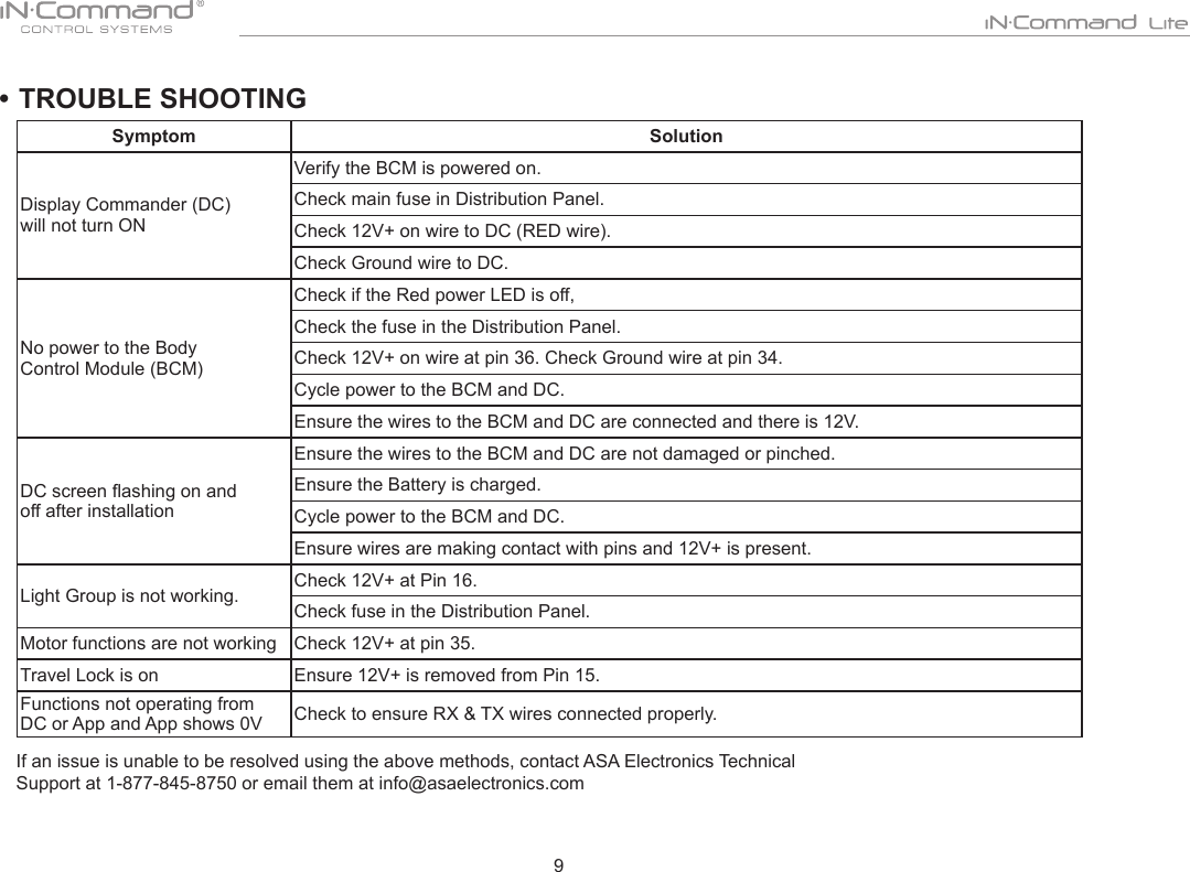 9• TROUBLE SHOOTINGSymptom SolutionDisplay Commander (DC)  will not turn ON Verify the BCM is powered on.Check main fuse in Distribution Panel.Check 12V+ on wire to DC (RED wire).Check Ground wire to DC.No power to the Body  Control Module (BCM)Check if the Red power LED is off, Check the fuse in the Distribution Panel.Check 12V+ on wire at pin 36. Check Ground wire at pin 34.Cycle power to the BCM and DC.Ensure the wires to the BCM and DC are connected and there is 12V.DC screen ashing on and  off after installationEnsure the wires to the BCM and DC are not damaged or pinched.Ensure the Battery is charged.Cycle power to the BCM and DC.Ensure wires are making contact with pins and 12V+ is present.Light Group is not working. Check 12V+ at Pin 16.Check fuse in the Distribution Panel.Motor functions are not working Check 12V+ at pin 35.Travel Lock is on Ensure 12V+ is removed from Pin 15.Functions not operating from  DC or App and App shows 0V Check to ensure RX &amp; TX wires connected properly.If an issue is unable to be resolved using the above methods, contact ASA Electronics Technical Support at 1-877-845-8750 or email them at info@asaelectronics.com