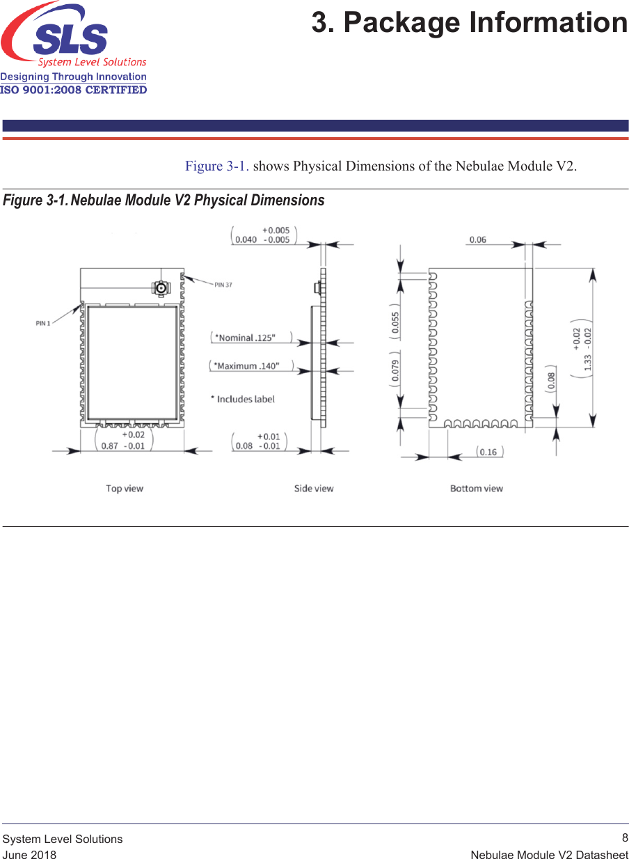  8Nebulae Module V2 DatasheetSystem Level SolutionsJune 20183. Package Information Figure 3-1. shows Physical Dimensions of the Nebulae Module V2.Figure 3-1.Nebulae Module V2 Physical Dimensions 