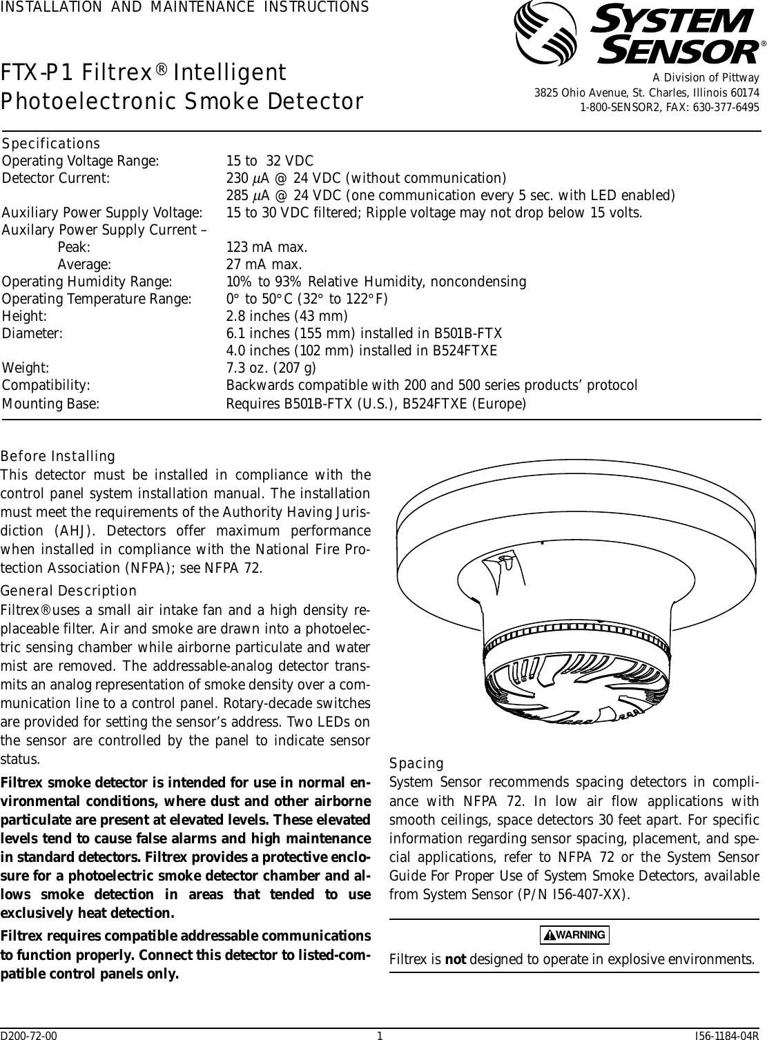 Page 1 of 4 - System-Sensor System-Sensor-Ftx-P1-Users-Manual-  System-sensor-ftx-p1-users-manual