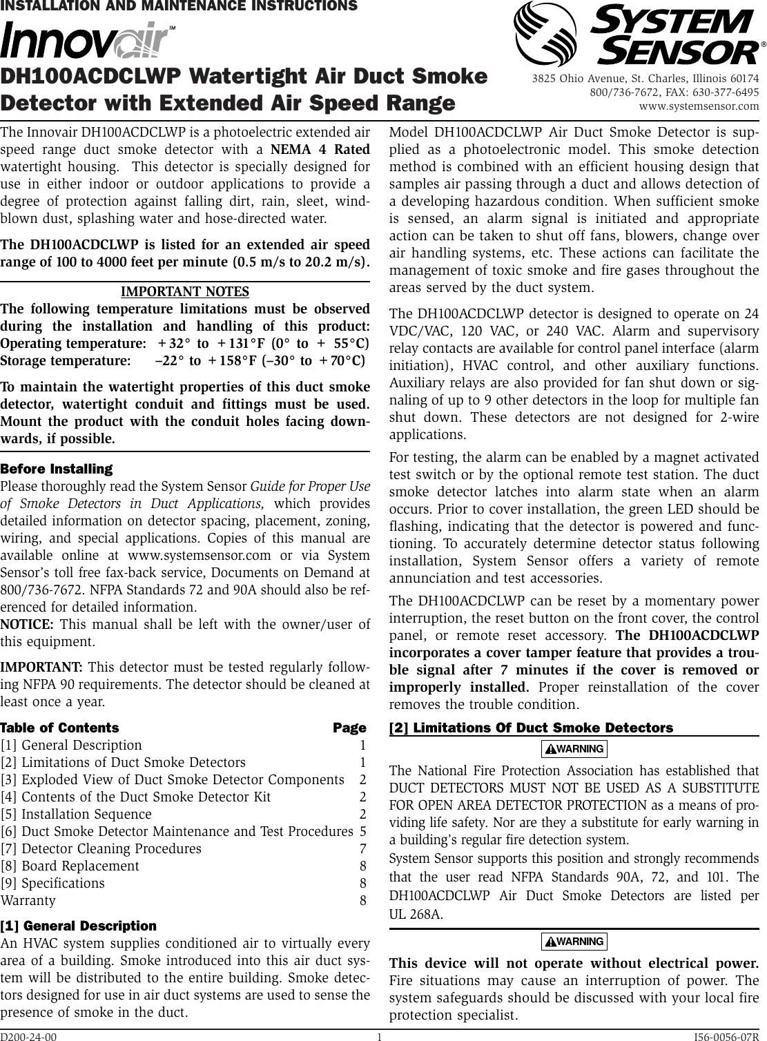 Page 1 of 8 - System-Sensor System-Sensor-Innovair-Dh100Acdclwp-Users-Manual-  System-sensor-innovair-dh100acdclwp-users-manual