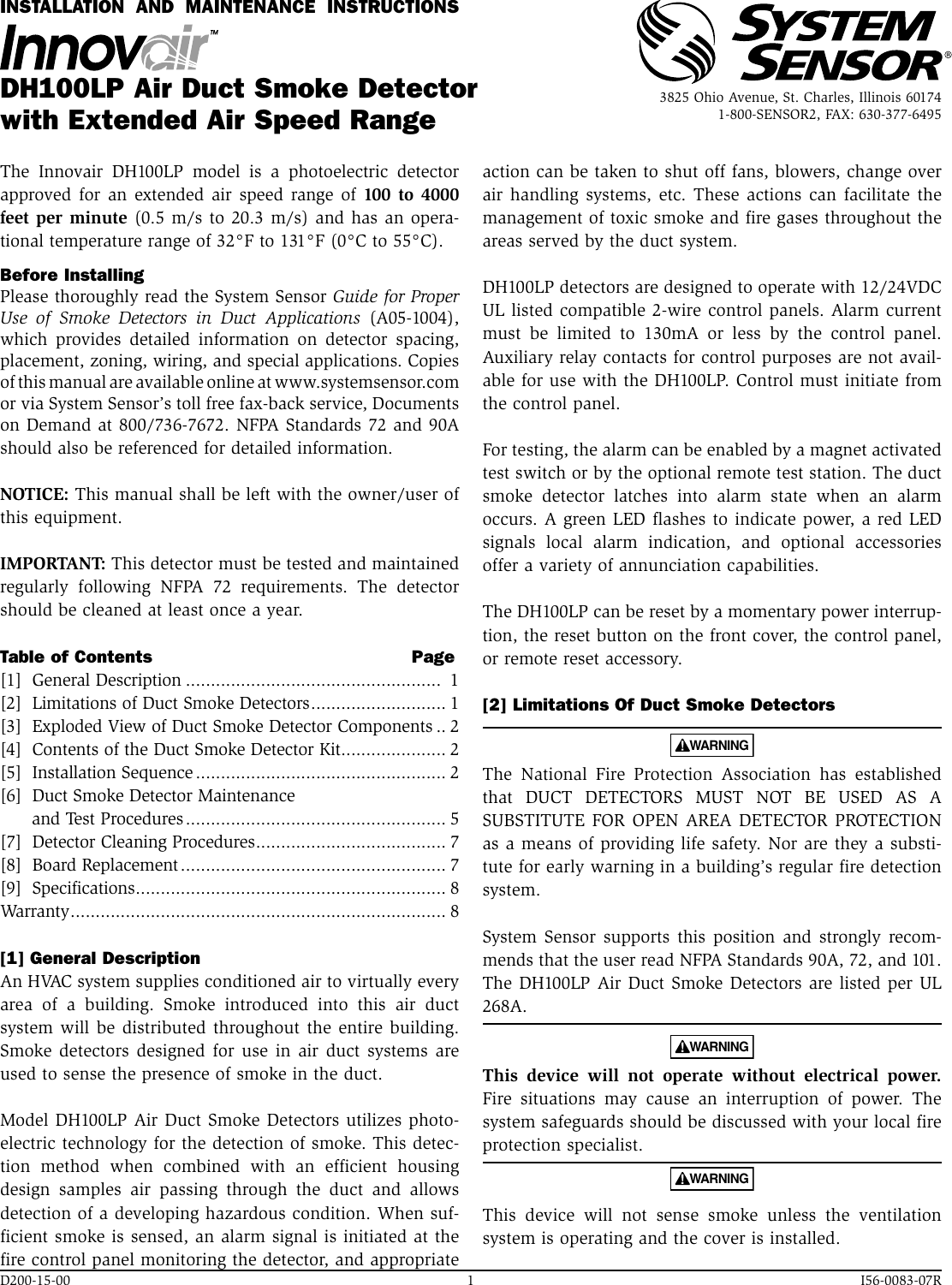 Page 1 of 8 - System-Sensor System-Sensor-Innovair-Dh100Lp-Users-Manual- I56-0083-07R  System-sensor-innovair-dh100lp-users-manual