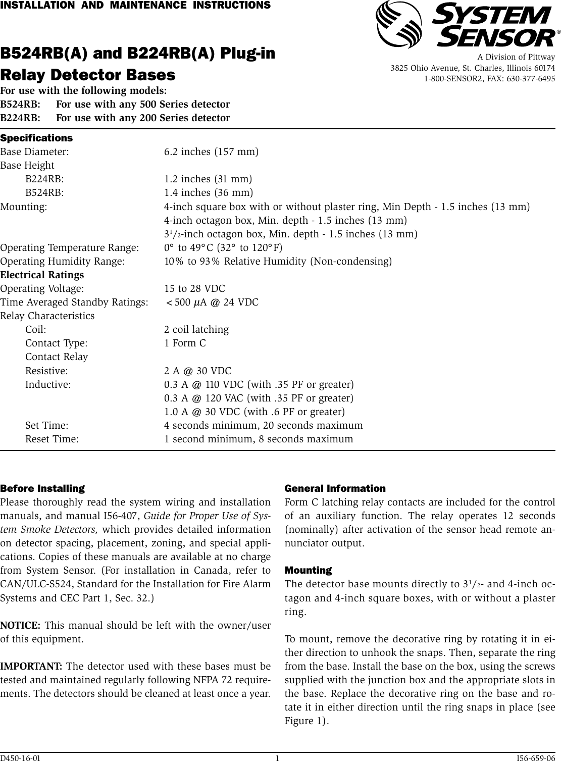 Page 1 of 4 - System-Sensor System-Sensor-Plug-In-Relay-Detector-Bases-B224Rba-Users-Manual- 659-06 System-sensor-plug-in-relay-detector-bases-b224rba-users-manual