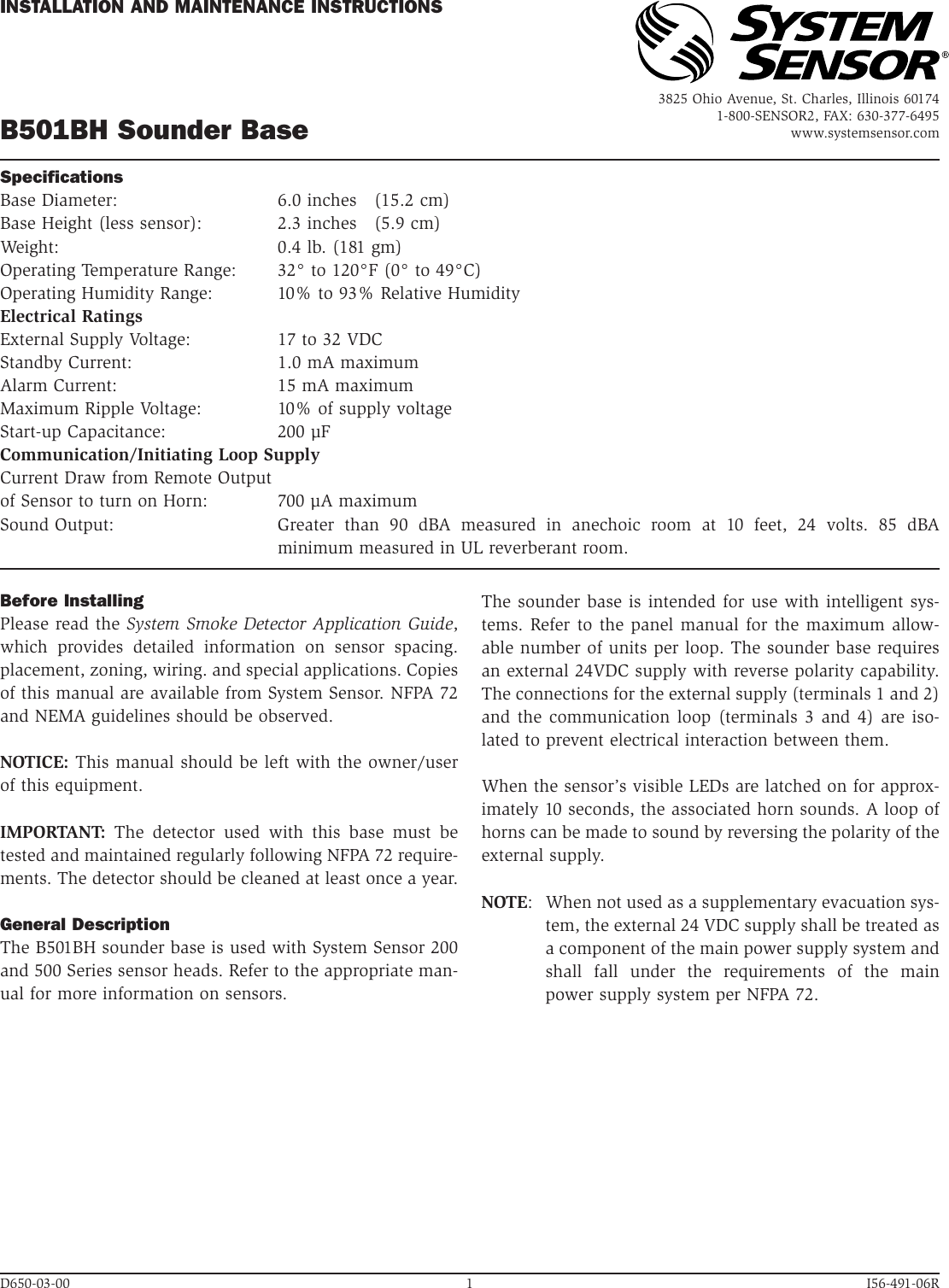 Page 1 of 4 - System-Sensor System-Sensor-Sounder-Base-B501Bh-Users-Manual- 491-06  System-sensor-sounder-base-b501bh-users-manual