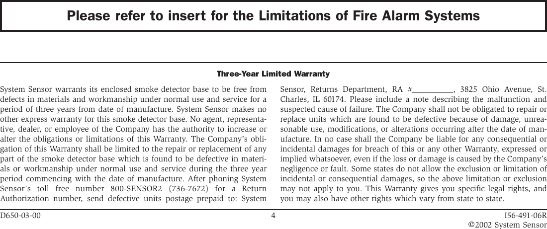 Page 4 of 4 - System-Sensor System-Sensor-Sounder-Base-B501Bh-Users-Manual- 491-06  System-sensor-sounder-base-b501bh-users-manual