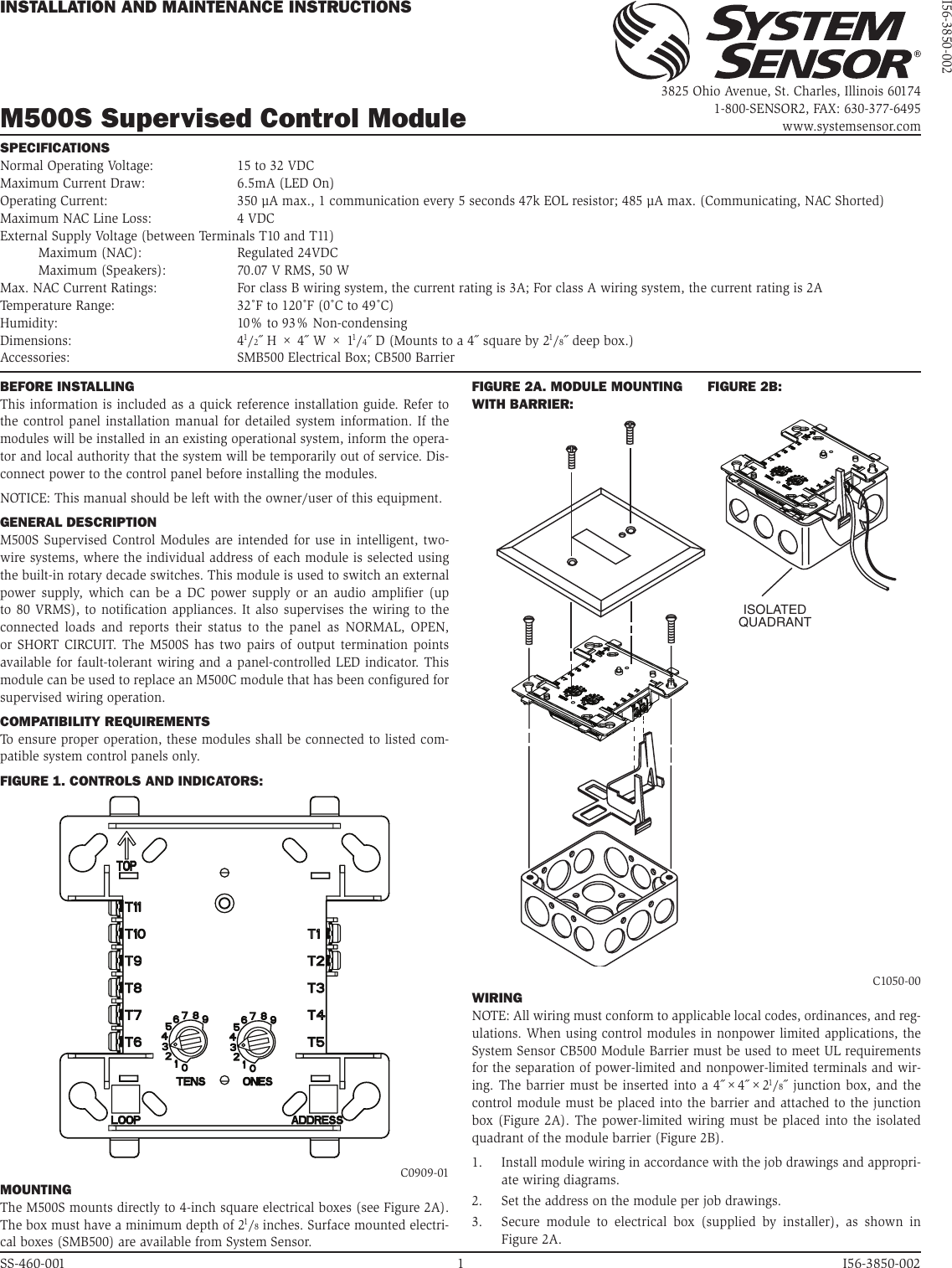 Page 1 of 4 - System-Sensor System-Sensor-Supervised-Control-Module-M500S-Users-Manual-  System-sensor-supervised-control-module-m500s-users-manual