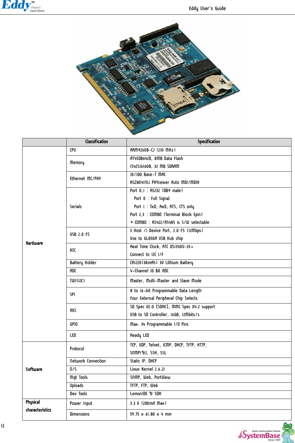                                                                  Eddy User&apos;s Guide   12   Classification  Specification CPU  ARM9260B-CJ (210 MHz)  Memory  AT45DB642D, 8MB Data Flash IS42S16160B, 32 MB SDRAM Ethernet MC/PHY  10/100 Base-T MAC KSZ8041NLi PHYceiver Auto MDI/MDIX Serials Port 0,1 : RS232 (DB9 male) Port 0 : Full Signal  Port 1 : TxD, RxD, RTS, CTS only Port 2,3 : COMBO (Terminal Block 5pin) * COMBO : RS422/RS485 is S/W selectable USB 2.0 FS  3 Host /1 Device Port, 2.0 FS (12Mbps) Use to GL850A USB Hub chip RTC  Real Time Clock, RTC DS1340U-33+ Connect to I2C I/F Battery Holder  CR1220(38mAh) 3V Lithium Battery ADC   4-Channel 10 Bit ADC TWI(I2C)  Master, Multi-Master and Slave Mode SPI  8 to 16-bit Programmable Data Length Four External Peripheral Chip Selects MCI  SD Spec V2.0 [SDHC], MMC Spec V4.2 support USB to SD Controller, 16GB, 12Mbits/s GPIO  Max. 34 Programmable I/O Pins Hardware LED  Ready LED Protocol   TCP, UDP, Telnet, ICMP, DHCP, TFTP, HTTP,  SNMP1&amp;2, SSH, SSL Network Connection  Static IP, DHCP O/S  Linux Kernel 2.6.21 Mgt Tools   SNMP, Web, PortView Uploads  TFTP, FTP, Web Software Dev Tools  LemonIDE &amp; SDK  Power Input  3.3 V (200mA Max) Physical characteristics Dimensions  59.75 x 61.80 x 4 mm 