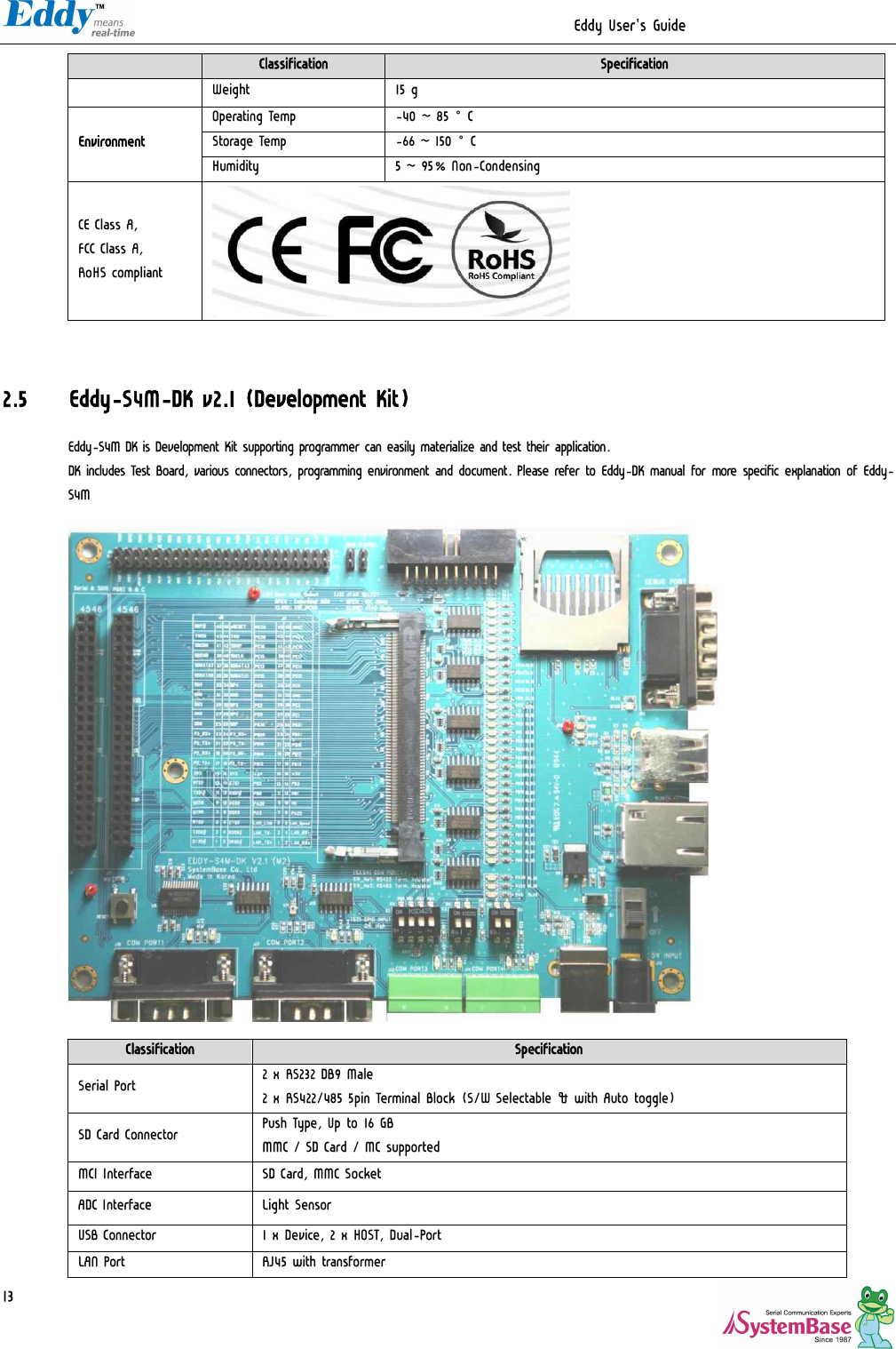                                                                  Eddy User&apos;s Guide   13 Classification  Specification Weight  15 g Operating Temp  -40 ~ 85°C Storage Temp  -66 ~ 150°C Environment Humidity  5 ~ 95% Non-Condensing CE Class A, FCC Class A, RoHS compliant    2.5 Eddy-S4M-DK v2.1 (Development Kit) Eddy-S4M DK is Development Kit supporting programmer can easily materialize and test their application. DK includes Test Board, various connectors, programming environment and document. Please refer to Eddy-DK manual for more specific explanation of Eddy-S4M                          Classification  Specification Serial Port  2 x RS232 DB9 Male 2 x RS422/485 5pin Terminal Block (S/W Selectable &amp; with Auto toggle) SD Card Connector  Push Type, Up to 16 GB MMC / SD Card / MC supported MCI Interface  SD Card, MMC Socket ADC Interface  Light Sensor USB Connector  1 x Device, 2 x HOST, Dual-Port  LAN Port  RJ45 with transformer 