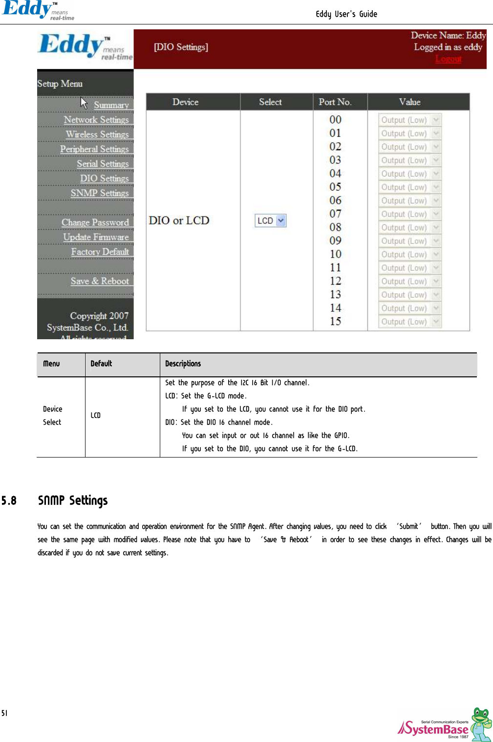                                                                  Eddy User&apos;s Guide   51   Menu  Default  Descriptions Device Select  LCD Set the purpose of the I2C 16 Bit I/O channel. LCD: Set the G-LCD mode. If you set to the LCD, you cannot use it for the DIO port. DIO: Set the DIO 16 channel mode. You can set input or out 16 channel as like the GPIO. If you set to the DIO, you cannot use it for the G-LCD.   5.8 SNMP Settings You can set the communication and operation environment for the SNMP Agent. After changing values, you need to click ‘Submit’ button. Then you will see the same page with modified values. Please note that you have to ‘Save &amp; Reboot’ in order to see these changes in effect. Changes will be discarded if you do not save current settings.  