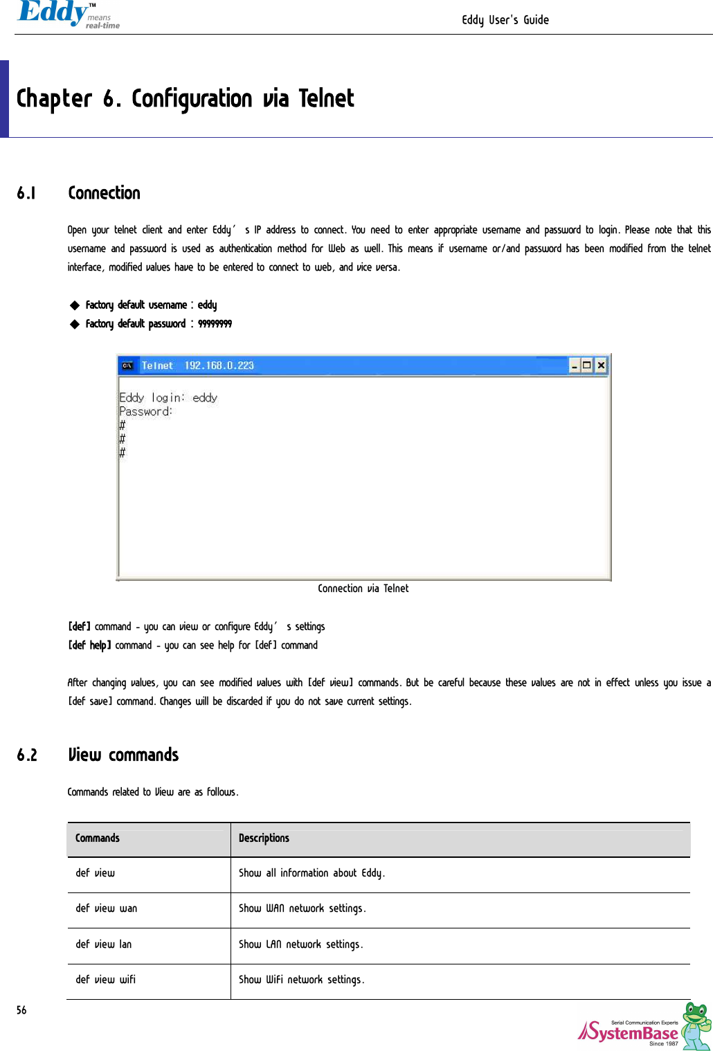                                                                  Eddy User&apos;s Guide   56 Chapter 6. Configuration via Telnet 6.1 Connection Open your telnet client and enter Eddy’s IP address to connect. You need to enter appropriate username and password to login. Please note that this username and password is used as authentication method for Web as well. This means if username or/and password has been modified from the telnet interface, modified values have to be entered to connect to web, and vice versa.  ◆ Factory default username : eddy ◆ Factory default password : 99999999   Connection via Telnet  [def] command - you can view or configure Eddy’s settings [def help] command - you can see help for [def] command  After changing values, you can see modified values with [def view] commands. But be careful because these values are not in effect unless you issue a [def save] command. Changes will be discarded if you do not save current settings.  6.2 View commands Commands related to View are as follows.  Commands  Descriptions def view  Show all information about Eddy. def view wan  Show WAN network settings. def view lan  Show LAN network settings. def view wifi  Show WiFi network settings. 