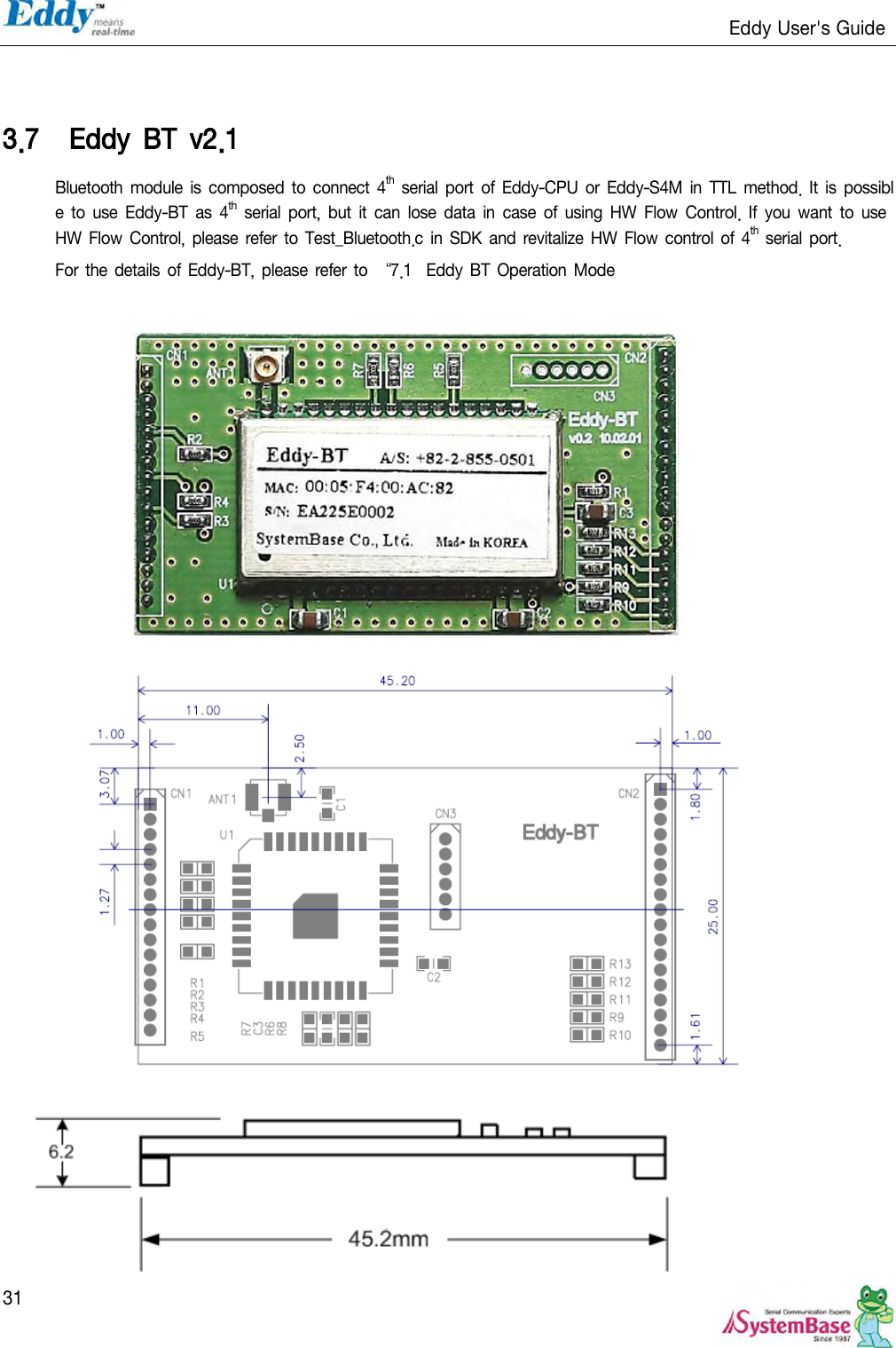                                                                   Eddy User&apos;s Guide   31   3.7 Eddy  BT  v2.1   Bluetooth  module is composed to connect 4th serial port  of Eddy-CPU  or  Eddy-S4M in  TTL method.  It  is  possible  to  use  Eddy-BT  as  4th serial port,  but  it  can  lose  data  in  case  of  using HW  Flow  Control.  If  you want  to  use HW  Flow Control, please  refer to  Test_Bluetooth.c in SDK and revitalize  HW  Flow control  of  4th serial port.   For the details of Eddy-BT, please  refer to ‚7.1   Eddy BT Operation Mode                           