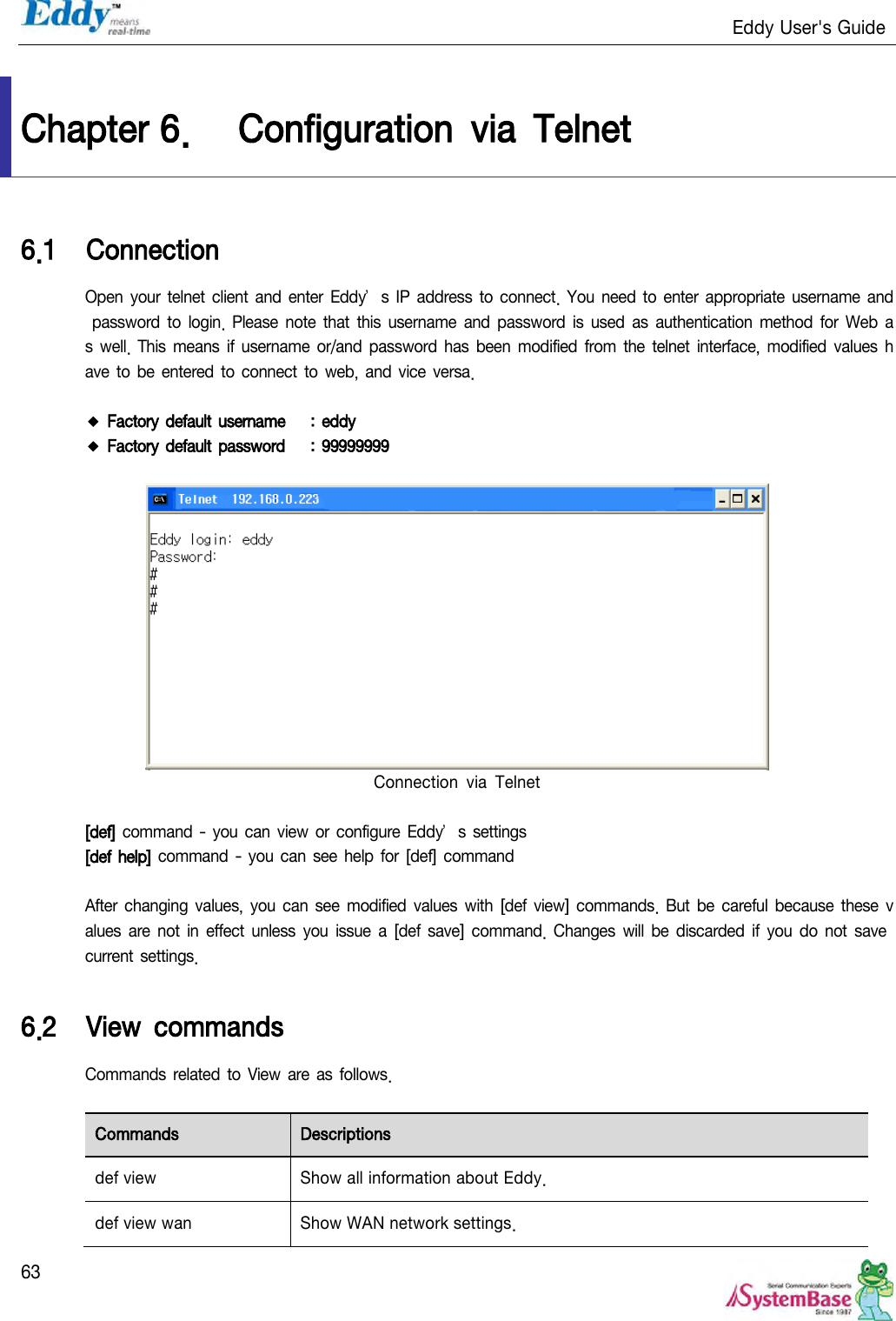                                                                   Eddy User&apos;s Guide   63  Chapter 6. Configuration  via  Telnet 6.1 Connection Open your telnet client  and enter Eddy’s  IP  address to connect. You need to enter  appropriate username  and password to  login.  Please note  that this username and password  is used as  authentication method  for  Web  as well.  This means if username or/and password  has been modified  from the telnet  interface,  modified values  have to be entered to connect to  web, and vice versa.  ◆ Factory default username  : eddy ◆ Factory default password  : 99999999   Connection  via  Telnet  [def] command  - you can view or configure  Eddy’s settings [def help] command - you can see help for [def] command  After  changing  values, you can  see modified  values with  [def view]  commands.  But be  careful because  these values  are not in  effect unless  you issue  a [def  save] command. Changes  will be discarded if you do not save current settings.  6.2 View  commands Commands related  to View  are  as follows.  Commands Descriptions def view Show all information about Eddy. def view wan Show WAN network settings. 