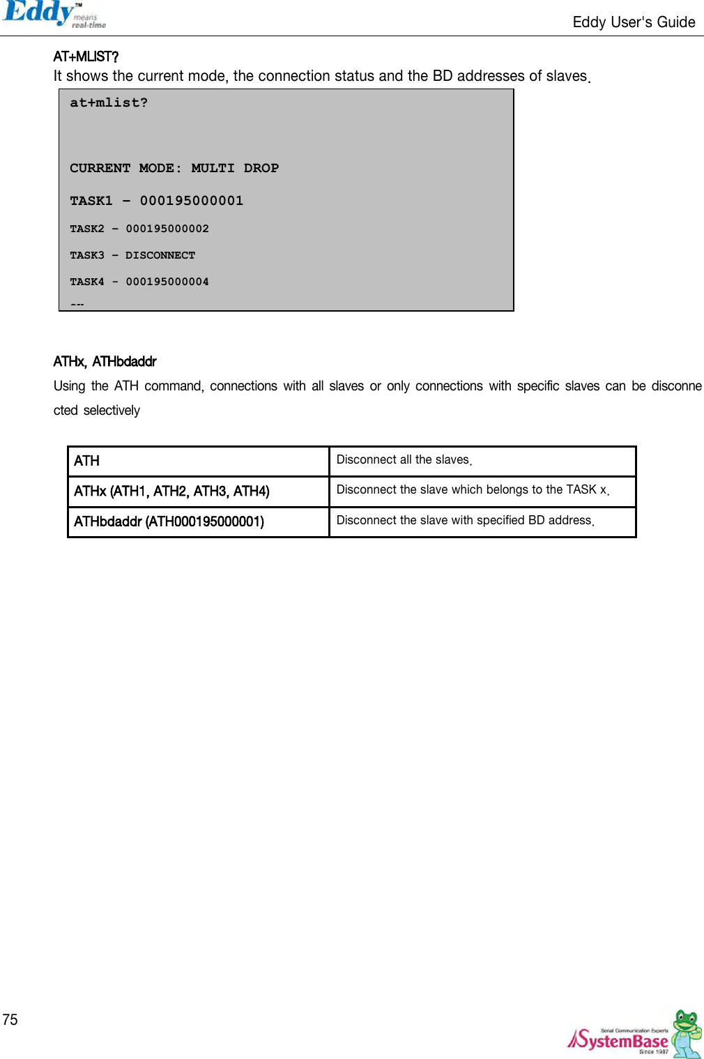                                                                   Eddy User&apos;s Guide   75 AT+MLIST?  It shows the current mode, the connection status and the BD addresses of slaves.              ATHx, ATHbdaddr Using  the  ATH  command,  connections  with all slaves  or  only  connections  with specific  slaves can  be disconnected selectively  ATH Disconnect all the slaves. ATHx (ATH1, ATH2, ATH3, ATH4) Disconnect the slave which belongs to the TASK x. ATHbdaddr (ATH000195000001) Disconnect the slave with specified BD address.  at+mlist?    CURRENT MODE: MULTI DROP  TASK1 – 000195000001  TASK2 – 000195000002  TASK3 – DISCONNECT  TASK4 - 000195000004  OK  