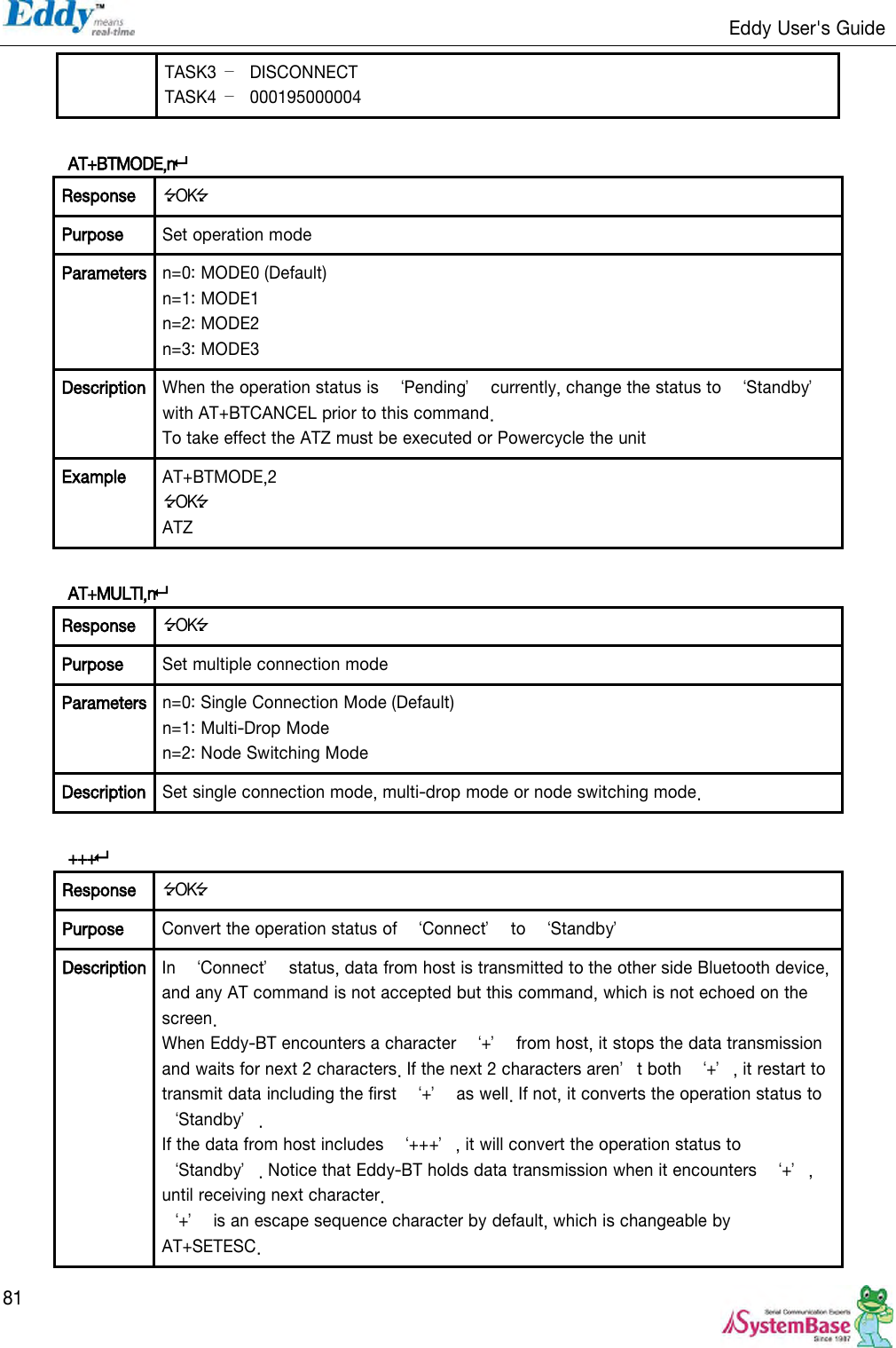                                                                   Eddy User&apos;s Guide   81 TASK3  –  DISCONNECT TASK4  – 000195000004  AT+BTMODE,n Response OK Purpose Set operation mode Parameters n=0: MODE0 (Default) n=1: MODE1 n=2: MODE2 n=3: MODE3 Description When the operation status is  ‘Pending’  currently, change the status to  ‘Standby’ with AT+BTCANCEL prior to this command. To take effect the ATZ must be executed or Powercycle the unit Example AT+BTMODE,2 OK ATZ  AT+MULTI,n Response OK Purpose Set multiple connection mode Parameters n=0: Single Connection Mode (Default) n=1: Multi-Drop Mode n=2: Node Switching Mode Description Set single connection mode, multi-drop mode or node switching mode.  +++ Response OK Purpose Convert the operation status of  ‘Connect’  to  ‘Standby’ Description In  ‘Connect’  status, data from host is transmitted to the other side Bluetooth device, and any AT command is not accepted but this command, which is not echoed on the screen. When Eddy-BT encounters a character  ‘+’  from host, it stops the data transmission and waits for next 2 characters. If the next 2 characters aren’t both  ‘+’, it restart to transmit data including the first  ‘+’  as well. If not, it converts the operation status to ‘Standby’. If the data from host includes  ‘+++’, it will convert the operation status to ‘Standby’. Notice that Eddy-BT holds data transmission when it encounters  ‘+’, until receiving next character. ‘+’  is an escape sequence character by default, which is changeable by AT+SETESC. 