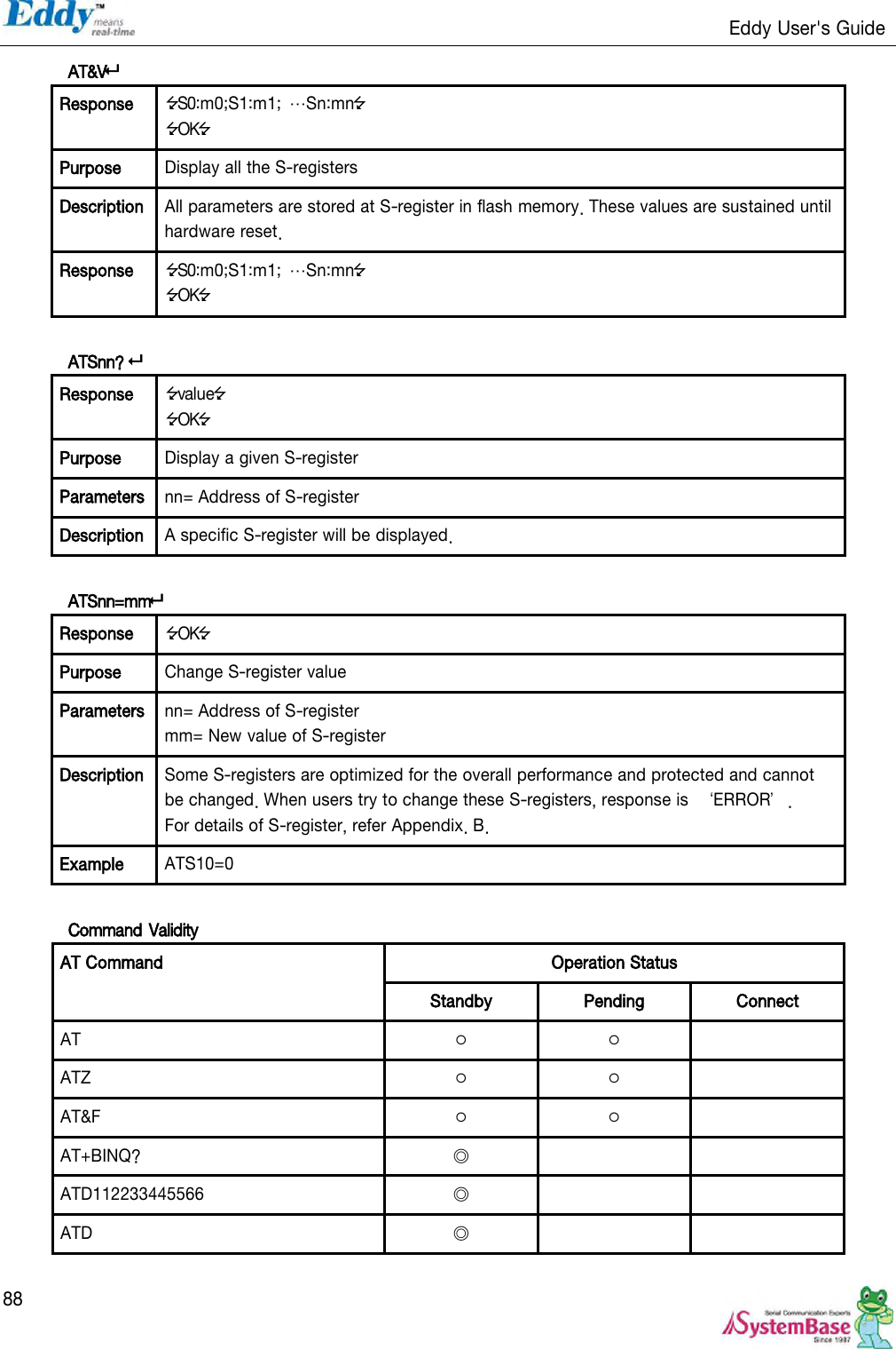                                                                   Eddy User&apos;s Guide   88 AT&amp;V Response S0:m0;S1:m1;  …Sn:mn OK Purpose Display all the S-registers Description All parameters are stored at S-register in flash memory. These values are sustained until hardware reset. Response S0:m0;S1:m1;  …Sn:mn OK  ATSnn?  Response value OK Purpose Display a given S-register Parameters nn= Address of S-register Description A specific S-register will be displayed.  ATSnn=mm Response OK Purpose Change S-register value Parameters nn= Address of S-register mm= New value of S-register Description Some S-registers are optimized for the overall performance and protected and cannot be changed. When users try to change these S-registers, response is  ‘ERROR’. For details of S-register, refer Appendix. B. Example ATS10=0  Command Validity AT Command  Operation Status Standby Pending Connect AT ○ ○  ATZ ○ ○  AT&amp;F ○ ○  AT+BINQ? ◎   ATD112233445566 ◎   ATD ◎   