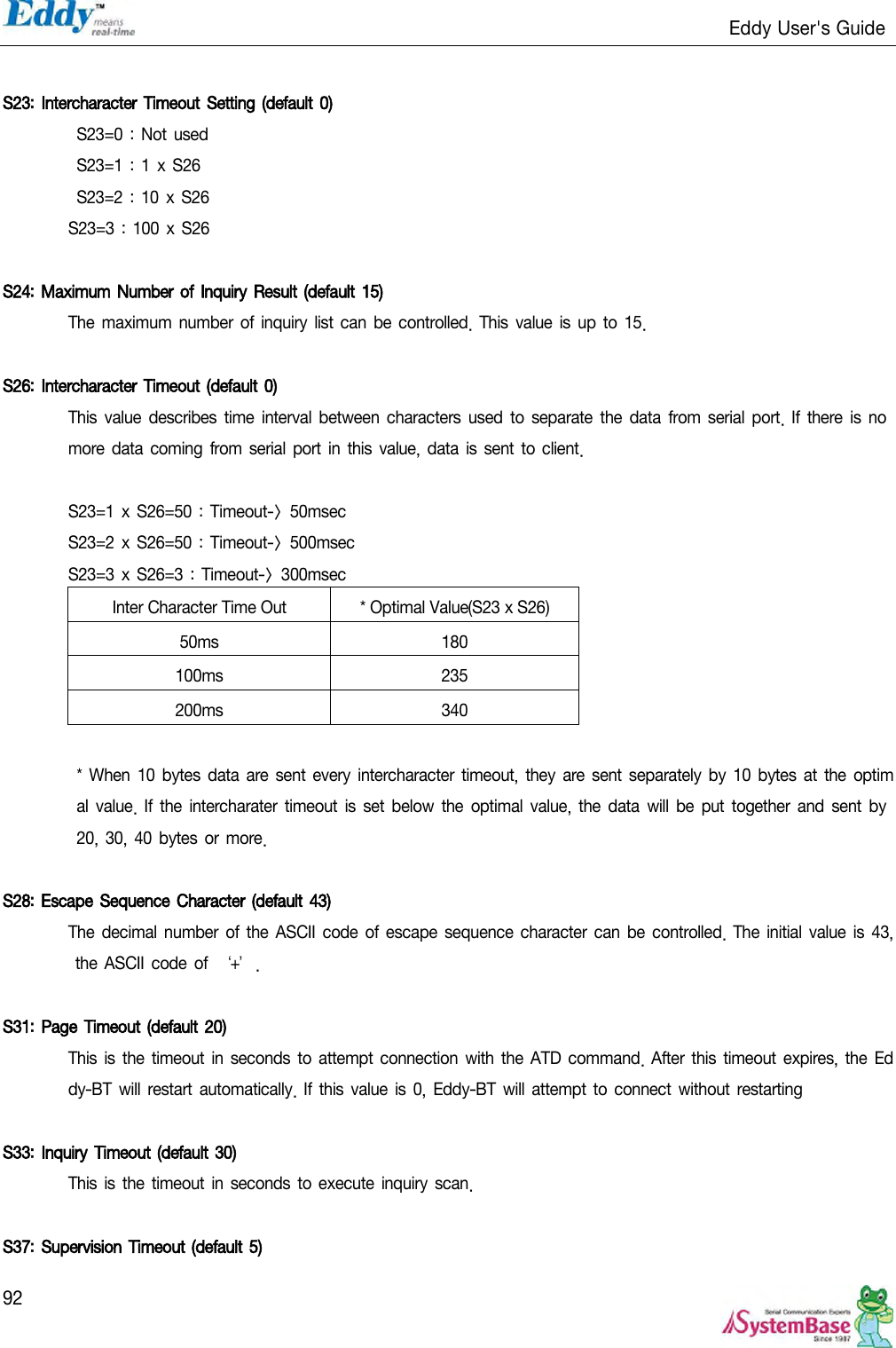                                                                   Eddy User&apos;s Guide   92  S23: Intercharacter Timeout Setting (default 0)  S23=0 : Not  used S23=1 : 1  x S26 S23=2 : 10 x S26 S23=3 : 100  x S26  S24: Maximum Number of Inquiry Result (default 15)  The maximum number  of  inquiry list can be controlled.  This value is up to 15.  S26: Intercharacter Timeout (default 0)  This value describes time interval between  characters used  to  separate  the data  from serial  port.  If  there is no more data coming  from serial port in  this  value,  data is sent  to client.  S23=1 x S26=50 : Timeout-&gt;  50msec S23=2 x S26=50 : Timeout-&gt;  500msec S23=3 x S26=3 :  Timeout-&gt; 300msec Inter Character Time Out * Optimal Value(S23 x S26) 50ms 180 100ms 235 200ms 340  * When 10 bytes data are sent  every  intercharacter  timeout,  they  are sent separately  by 10 bytes  at  the optimal value.  If  the intercharater  timeout  is  set below  the optimal value,  the data will  be  put together  and sent by 20, 30,  40 bytes  or more.  S28: Escape  Sequence Character (default 43)  The decimal number  of the ASCII code  of escape  sequence  character can be controlled. The initial value is 43, the ASCII code  of ‘+’.  S31: Page Timeout (default  20)  This is the timeout in  seconds to  attempt connection  with the ATD command. After this  timeout expires, the  Eddy-BT  will restart automatically. If this value  is 0,  Eddy-BT  will attempt to connect  without  restarting  S33: Inquiry Timeout (default 30)  This is the timeout in  seconds to execute  inquiry scan.  S37: Supervision Timeout (default 5)  