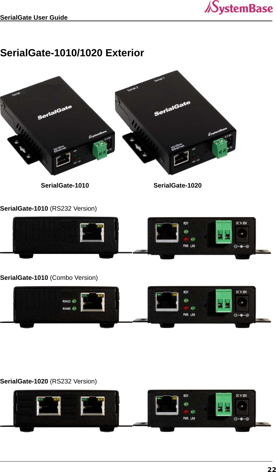   SerialGate User Guide             22 SerialGate-1010/1020 Exterior  SerialGate-1010    SerialGate-1020  SerialGate-1010 (RS232 Version)     SerialGate-1010 (Combo Version)        SerialGate-1020 (RS232 Version)     
