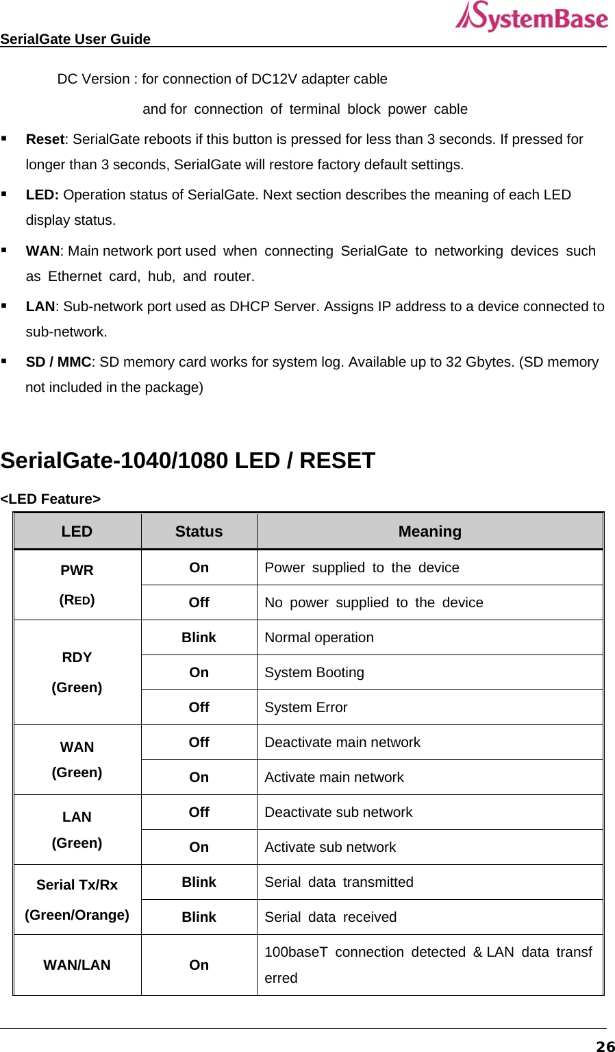   SerialGate User Guide             26    DC Version : for connection of DC12V adapter cable and for connection of terminal block power cable  Reset: SerialGate reboots if this button is pressed for less than 3 seconds. If pressed for longer than 3 seconds, SerialGate will restore factory default settings.  LED: Operation status of SerialGate. Next section describes the meaning of each LED display status.  WAN: Main network port used when connecting SerialGate to networking devices such as Ethernet card, hub, and router.  LAN: Sub-network port used as DHCP Server. Assigns IP address to a device connected to sub-network.   SD / MMC: SD memory card works for system log. Available up to 32 Gbytes. (SD memory not included in the package)  SerialGate-1040/1080 LED / RESET &lt;LED Feature&gt; LED  Status  Meaning PWR (RED) On  Power supplied to the device Off  No power supplied to the device RDY (Green) Blink  Normal operation On  System Booting Off  System Error WAN (Green) Off  Deactivate main network   On  Activate main network LAN (Green) Off  Deactivate sub network On  Activate sub network Serial Tx/Rx (Green/Orange)Blink  Serial data transmitted Blink  Serial data received WAN/LAN On 100baseT connection detected &amp; LAN data transferred 
