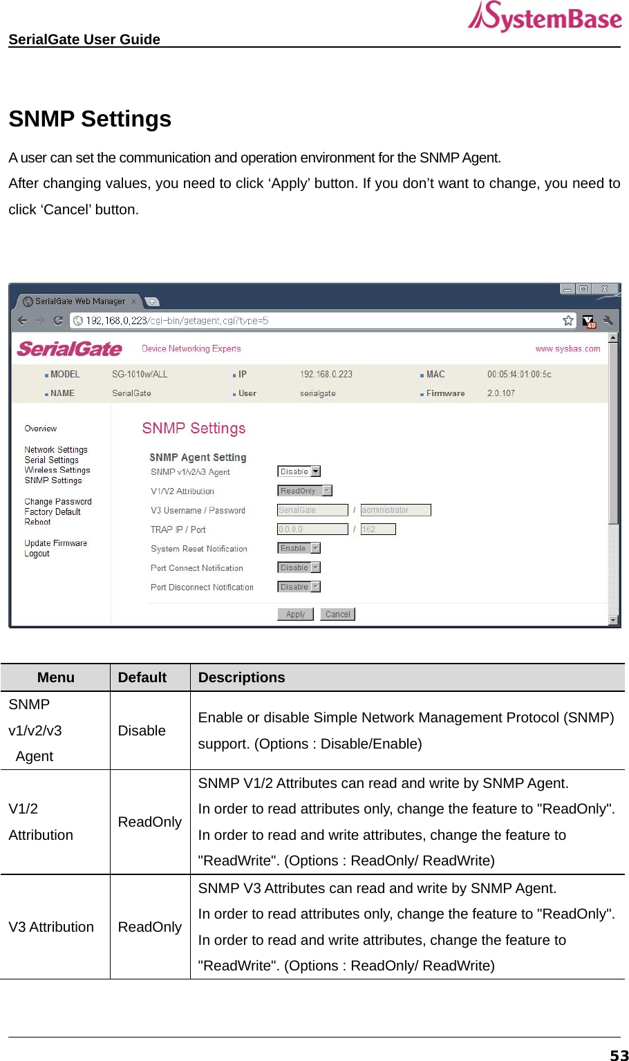   SerialGate User Guide             53 SNMP Settings A user can set the communication and operation environment for the SNMP Agent. After changing values, you need to click ‘Apply’ button. If you don’t want to change, you need to click ‘Cancel’ button.     Menu  Default  Descriptions SNMP v1/v2/v3  Agent Disable  Enable or disable Simple Network Management Protocol (SNMP) support. (Options : Disable/Enable) V1/2 Attribution   ReadOnly SNMP V1/2 Attributes can read and write by SNMP Agent.   In order to read attributes only, change the feature to &quot;ReadOnly&quot;.In order to read and write attributes, change the feature to &quot;ReadWrite&quot;. (Options : ReadOnly/ ReadWrite)   V3 Attribution  ReadOnly SNMP V3 Attributes can read and write by SNMP Agent.   In order to read attributes only, change the feature to &quot;ReadOnly&quot;.In order to read and write attributes, change the feature to &quot;ReadWrite&quot;. (Options : ReadOnly/ ReadWrite) 