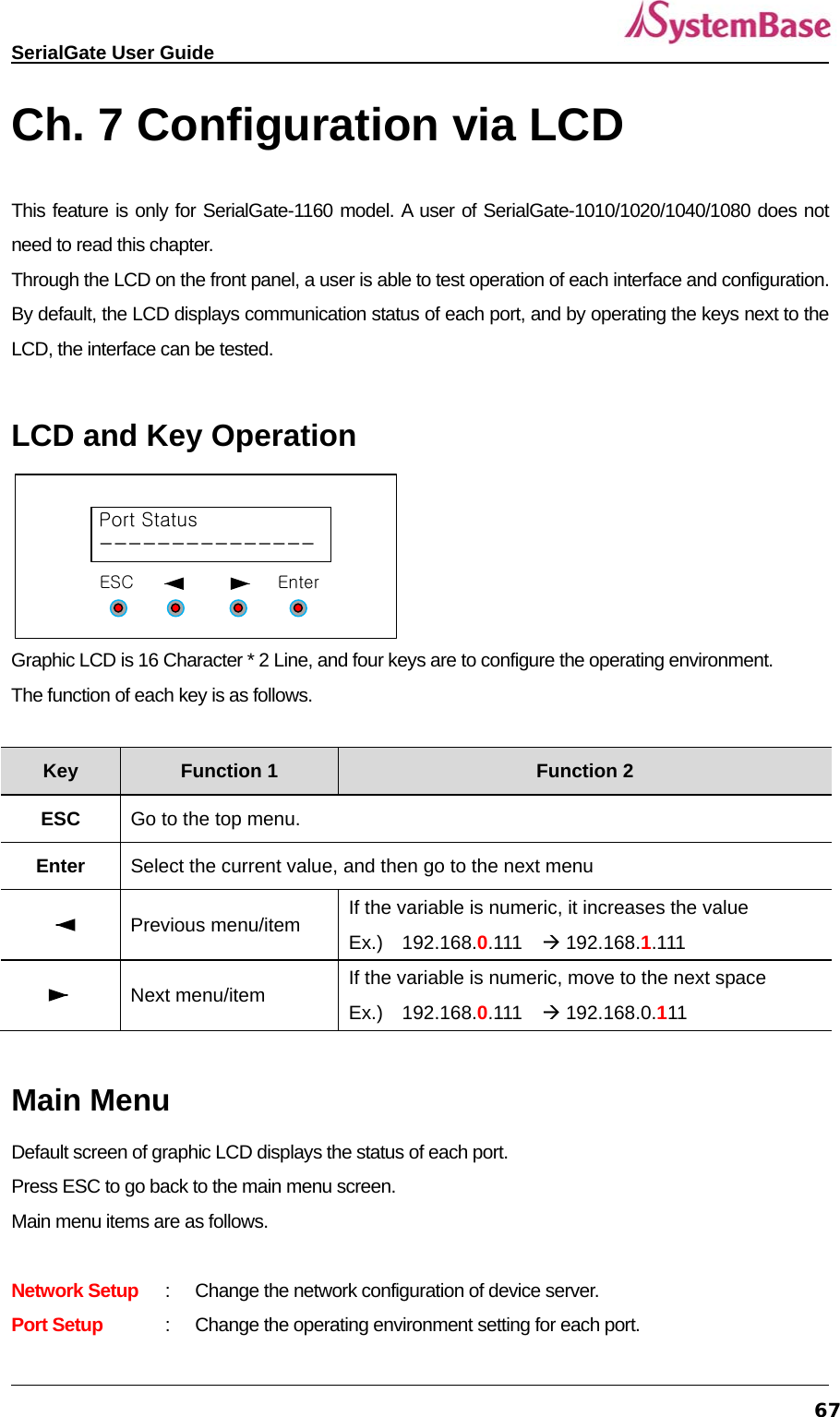   SerialGate User Guide             67Ch. 7 Configuration via LCD  This feature is only for SerialGate-1160 model. A user of SerialGate-1010/1020/1040/1080 does not need to read this chapter.   Through the LCD on the front panel, a user is able to test operation of each interface and configuration. By default, the LCD displays communication status of each port, and by operating the keys next to the LCD, the interface can be tested.    LCD and Key Operation Port Status---------------ESC                         Enter Graphic LCD is 16 Character * 2 Line, and four keys are to configure the operating environment.   The function of each key is as follows.    Key  Function 1  Function 2 ESC  Go to the top menu. Enter  Select the current value, and then go to the next menu    Previous menu/item  If the variable is numeric, it increases the value   Ex.)  192.168.0.111   192.168.1.111  Next menu/item  If the variable is numeric, move to the next space Ex.)  192.168.0.111   192.168.0.111  Main Menu Default screen of graphic LCD displays the status of each port.   Press ESC to go back to the main menu screen.   Main menu items are as follows.    Network Setup  :      Change the network configuration of device server.   Port Setup  :      Change the operating environment setting for each port.   