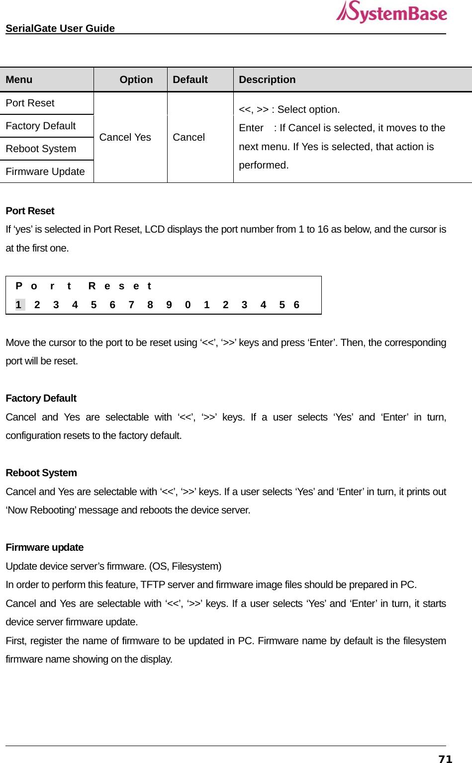   SerialGate User Guide             71 Menu  Option  Default  Description Port Reset Cancel Yes  Cancel &lt;&lt;, &gt;&gt; : Select option. Enter    : If Cancel is selected, it moves to the next menu. If Yes is selected, that action is performed. Factory Default Reboot System Firmware Update  Port Reset If ‘yes’ is selected in Port Reset, LCD displays the port number from 1 to 16 as below, and the cursor is at the first one.     P  o   r   t    R  e  s  e  t  1   2   3   4   5   6   7   8   9   0   1   2   3   4   5  6  Move the cursor to the port to be reset using ‘&lt;&lt;’, ‘&gt;&gt;’ keys and press ‘Enter’. Then, the corresponding port will be reset.    Factory Default Cancel and Yes are selectable with ‘&lt;&lt;’, ‘&gt;&gt;’ keys. If a user selects ‘Yes’ and ‘Enter’ in turn, configuration resets to the factory default.    Reboot System Cancel and Yes are selectable with ‘&lt;&lt;’, ‘&gt;&gt;’ keys. If a user selects ‘Yes’ and ‘Enter’ in turn, it prints out ‘Now Rebooting’ message and reboots the device server.      Firmware update Update device server’s firmware. (OS, Filesystem)   In order to perform this feature, TFTP server and firmware image files should be prepared in PC.   Cancel and Yes are selectable with ‘&lt;&lt;’, ‘&gt;&gt;’ keys. If a user selects ‘Yes’ and ‘Enter’ in turn, it starts device server firmware update.   First, register the name of firmware to be updated in PC. Firmware name by default is the filesystem firmware name showing on the display.     