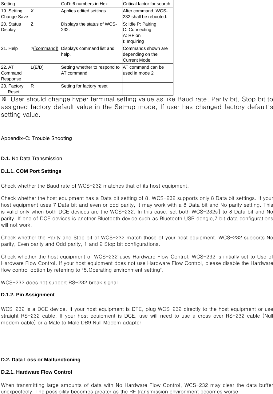 Setting  CoD: 6 numbers in Hex  Critical factor for search19. Setting Change Save X  Applies edited settings.  After command, WCS-232 shall be rebooted. 20. Status Display Z  Displays the status of WCS-232. S: Idle P: Pairing C: Connecting A: RF on I: Inquiring 21. Help  ?([command])  Displays command list and help. Commands shown are depending on the Current Mode. 22. AT Command Response L(E/D)  Setting whether to respond to AT command    AT command can be used in mode 2 23. Factory      Reset R  Setting for factory reset   ※  User should change hyper terminal setting value as like Baud rate, Parity bit, Stop bit to assigned factory default value in the Set-up mode, If user has changed  factory default’s setting value.   Appendix–C: Trouble Shooting   D.1. No Data Transmission  D.1.1. COM Port Settings  Check whether the Baud rate of WCS-232 matches that of its host equipment.   Check whether the host equipment has a Data bit setting of 8. WCS-232 supports only 8 Data bit settings. If your host equipment uses 7 Data bit and even or odd parity, it may work with a 8 Data bit and No parity setting. This is valid only when both DCE devices are the WCS-232. In this case, set both WCS-232s] to 8 Data bit and No parity. If one of DCE devices is another Bluetooth device such as Bluetooth USB dongle,7 bit data configurations will not work. Check whether the Parity and Stop bit of WCS-232 match those of your host equipment. WCS-232 supports No parity, Even parity and Odd parity, 1 and 2 Stop bit configurations. Check whether the host equipment of WCS-232 uses Hardware Flow Control. WCS-232 is initially set to Use of Hardware Flow Control. If your host equipment does not use Hardware Flow Control, please disable the Hardware flow control option by referring to ‘5.Operating environment setting’. WCS-232 does not support RS-232 break signal. D.1.2. Pin Assignment  WCS-232 is a DCE device. If your host equipment is DTE, plug WCS-232 directly to the host equipment or use straight  RS-232  cable.  If  your  host  equipment  is  DCE,  use  will  need  to  use  a  cross  over  RS-232  cable  (Null modem cable) or a Male to Male DB9 Null Modem adapter.   D.2. Data Loss or Malfunctioning  D.2.1. Hardware Flow Control  When transmitting large amounts of data with No Hardware Flow Control,  WCS-232  may clear  the data  buffer unexpectedly. The possibility becomes greater as the RF transmission environment becomes worse.  