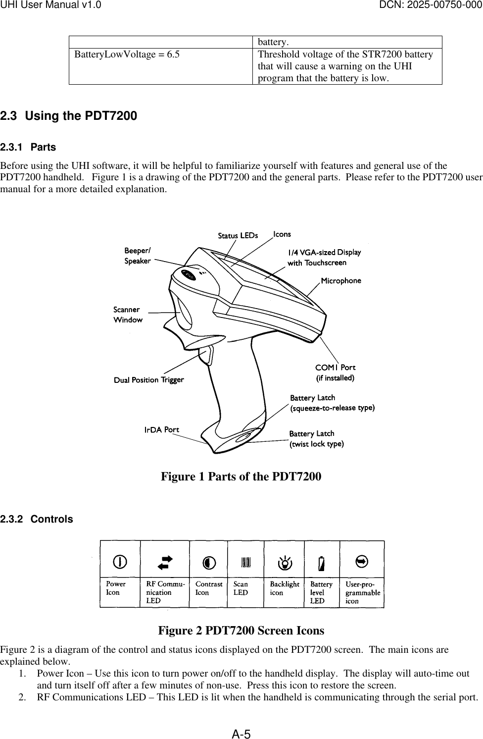 UHI User Manual v1.0  DCN: 2025-00750-000  A-5battery. BatteryLowVoltage = 6.5 Threshold voltage of the STR7200 battery that will cause a warning on the UHI program that the battery is low.  2.3 Using the PDT7200 2.3.1 Parts Before using the UHI software, it will be helpful to familiarize yourself with features and general use of the PDT7200 handheld.   Figure 1 is a drawing of the PDT7200 and the general parts.  Please refer to the PDT7200 user manual for a more detailed explanation.    Figure 1 Parts of the PDT7200  2.3.2 Controls  Figure 2 PDT7200 Screen Icons Figure 2 is a diagram of the control and status icons displayed on the PDT7200 screen.  The main icons are explained below. 1. Power Icon &ndash; Use this icon to turn power on/off to the handheld display.  The display will auto-time out and turn itself off after a few minutes of non-use.  Press this icon to restore the screen. 2. RF Communications LED &ndash; This LED is lit when the handheld is communicating through the serial port. 