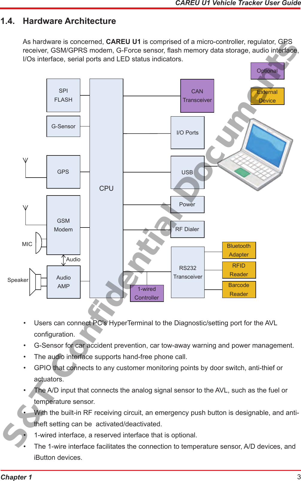 Chapter 1  3CAREU U1 Vehicle Tracker User Guide1.4.  Hardware Architecture  As hardware is concerned, CAREU U1 is comprised of a micro-controller, regulator, GPS    receiver, GSM/GPRS modem, G-Force sensor, ash memory data storage, audio interface,    I/Os interface,  serial ports and LED status indicators.•  Users can connect PC&apos;s HyperTerminal to the Diagnostic/setting port for the AVL      conguration.•  G-Sensor for car accident prevention, car tow-away warning and power management.•  The audio interface supports hand-free phone call.•  GPIO that connects to any customer monitoring points by door switch, anti-thief or      actuators.•  The A/D input that connects the analog signal sensor to the AVL, such as the fuel or      temperature sensor.•  With the built-in RF receiving circuit, an emergency push button is designable, and anti-   theft setting can be  activated/deactivated.•  1-wired interface, a reserved interface that is optional.•  The 1-wire interface facilitates the connection to temperature sensor, A/D devices, and    iButton devices.SPI FLASHCAN TransceiverG-SensorI/O PortsGPS USBPowerBluetoothAdapterOptional1-wired ControllerRFID ReaderExternal DeviceBarcode ReaderRF DialerGSM ModemAudio AMPRS232 TransceiverCPUAudioMICSpeakerS&amp;T Confidential Documents