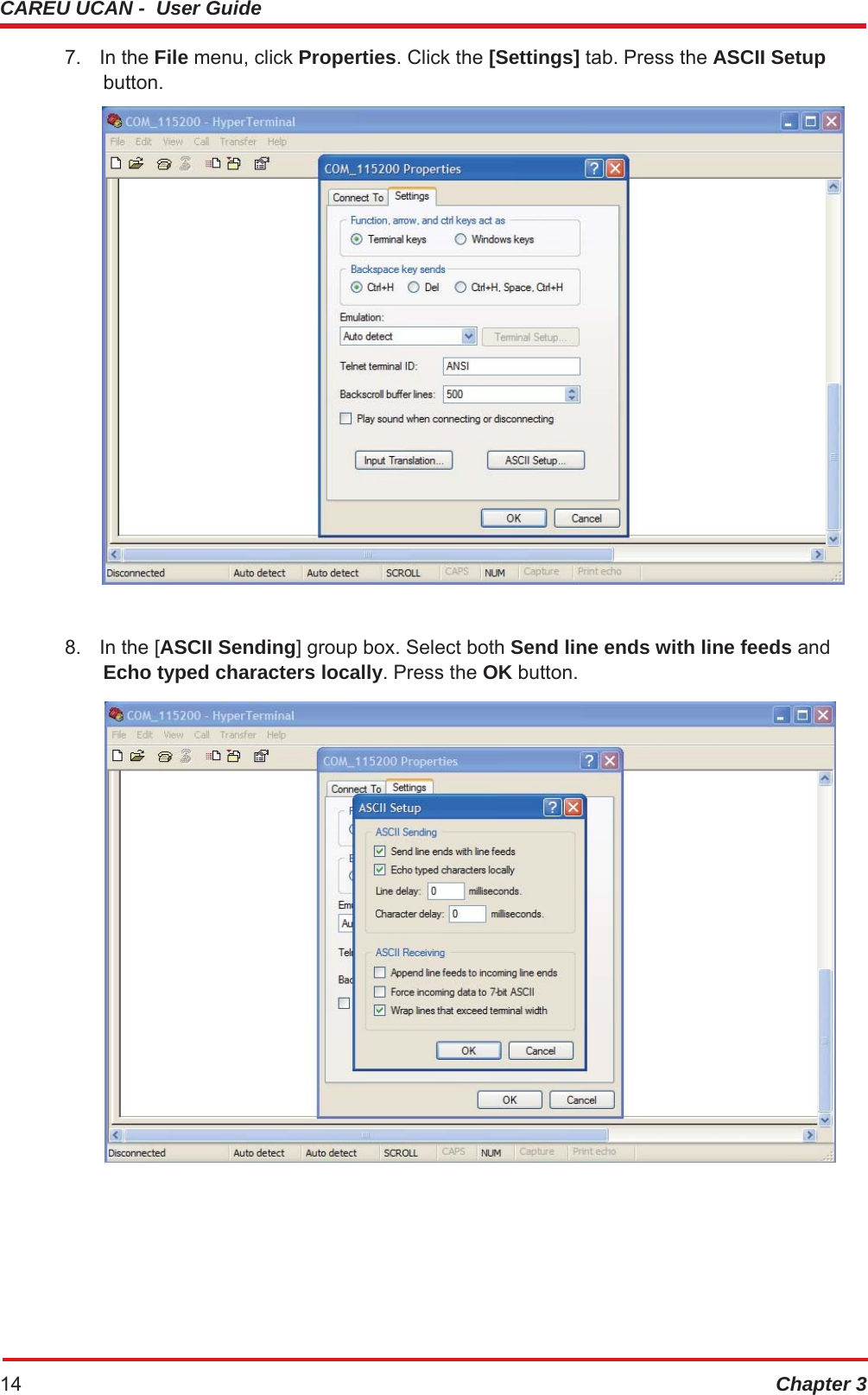 CAREU UCAN -  User Guide Chapter 314 7. In the File menu, click Properties. Click the [Settings] tab. Press the ASCII Setup button.  8. In the [ASCII Sending] group box. Select both Send line ends with line feeds and Echo typed characters locally. Press the OK button.  