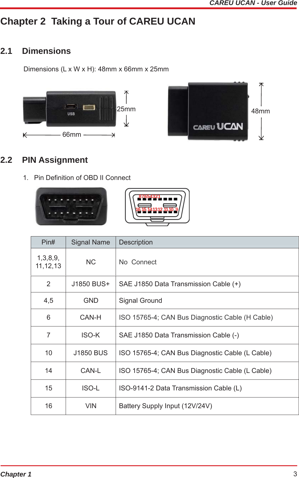 CAREU UCAN - User GuideChapter 1 3Chapter 2  Taking a Tour of CAREU UCAN 2.1 Dimensions Dimensions (L x W x H): 48mm x 66mm x 25mm 25mm  48mm 66mm 2.2 PIN Assignment 1.   Pin Definition of OBD II Connect 8877665544332211   1166 1155 114411331122 11111100 9 Pin# Signal Name Description 1,3,8,9, 11,12,13 NC No Connect 2 J1850 BUS+ SAE J1850 Data Transmission Cable (+) 4,5 GND Signal Ground 6 CAN-H ISO 15765-4; CAN Bus Diagnostic Cable (H Cable) 7 ISO-K SAE J1850 Data Transmission Cable (-) 10 J1850 BUS ISO 15765-4; CAN Bus Diagnostic Cable (L Cable) 14 CAN-L ISO 15765-4; CAN Bus Diagnostic Cable (L Cable) 15 ISO-L ISO-9141-2 Data Transmission Cable (L) 16 VIN Battery Supply Input (12V/24V) 