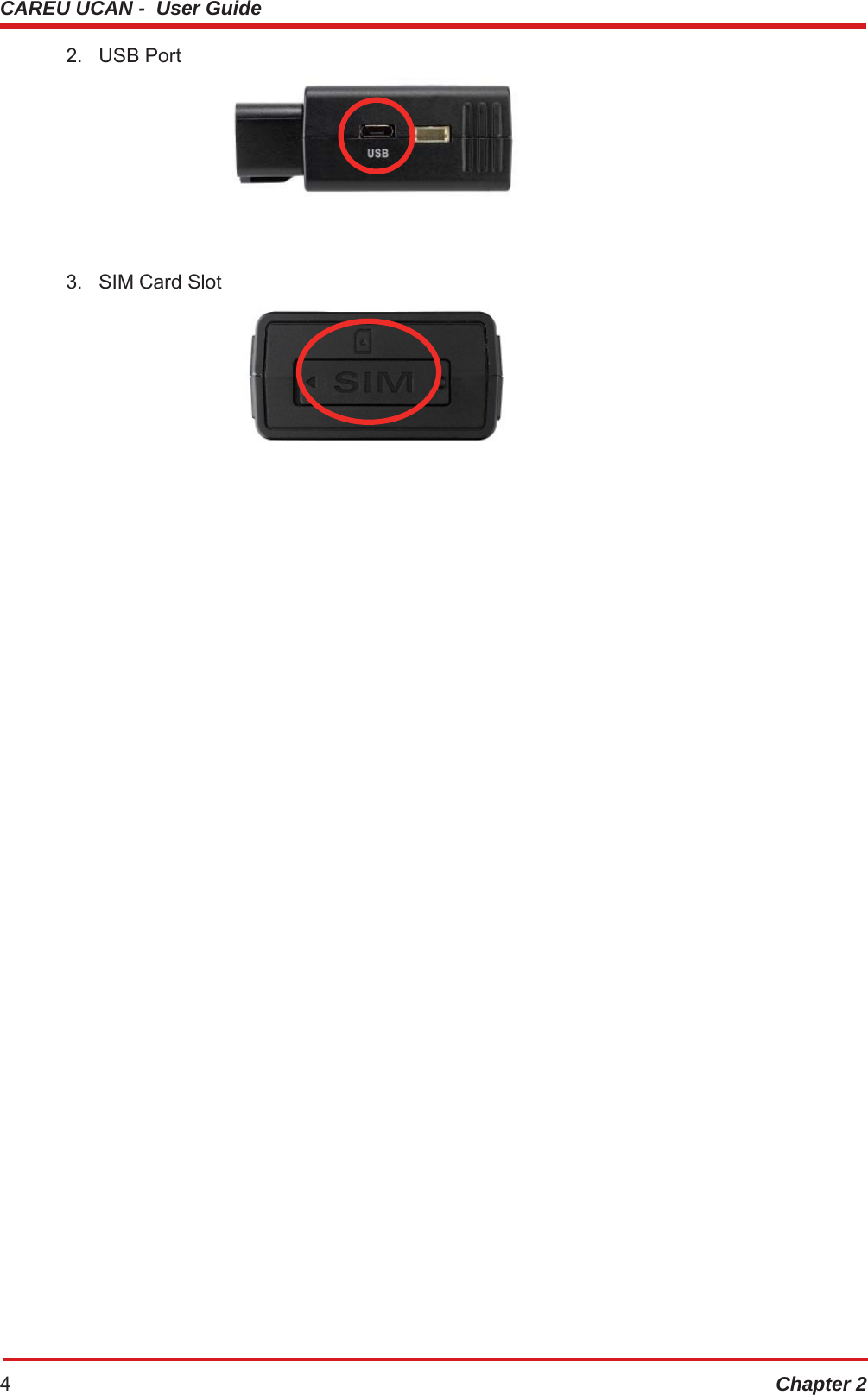 CAREU UCAN -  User Guide Chapter 24 2.   USB Port 3.   SIM Card Slot 