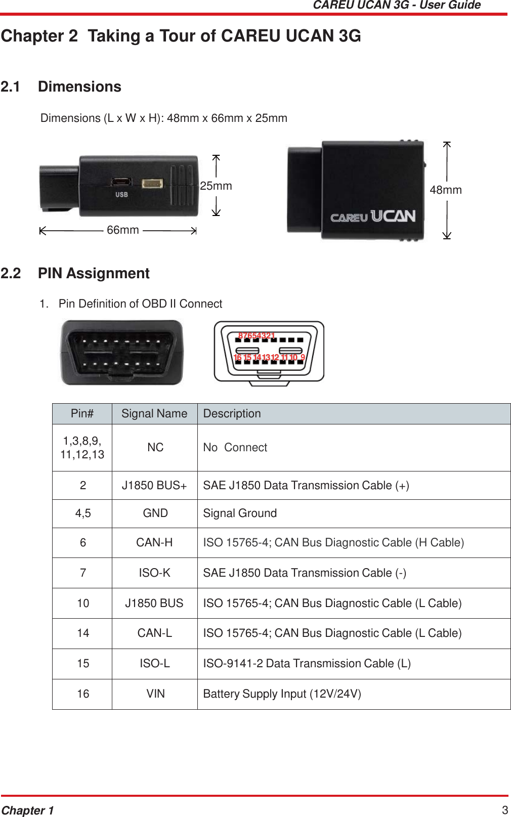 CAREU UCAN 3G - User Guide Chapter 1 3    Chapter 2  Taking a Tour of CAREU UCAN 3G    2.1  Dimensions   Dimensions (L x W x H): 48mm x 66mm x 25mm      25mm  48mm    66mm    2.2  PIN Assignment  1.   Pin Definition of OBD II Connect   8877665544332211  1166 1155 114411331122 11111100 9     Pin# Signal Name Description  1,3,8,9, 11,12,13   NC   No  Connect  2  J1850 BUS+  SAE J1850 Data Transmission Cable (+)  4,5  GND  Signal Ground  6  CAN-H  ISO 15765-4; CAN Bus Diagnostic Cable (H Cable)  7  ISO-K  SAE J1850 Data Transmission Cable (-)  10  J1850 BUS  ISO 15765-4; CAN Bus Diagnostic Cable (L Cable)  14  CAN-L  ISO 15765-4; CAN Bus Diagnostic Cable (L Cable)  15  ISO-L  ISO-9141-2 Data Transmission Cable (L)  16  VIN  Battery Supply Input (12V/24V) 