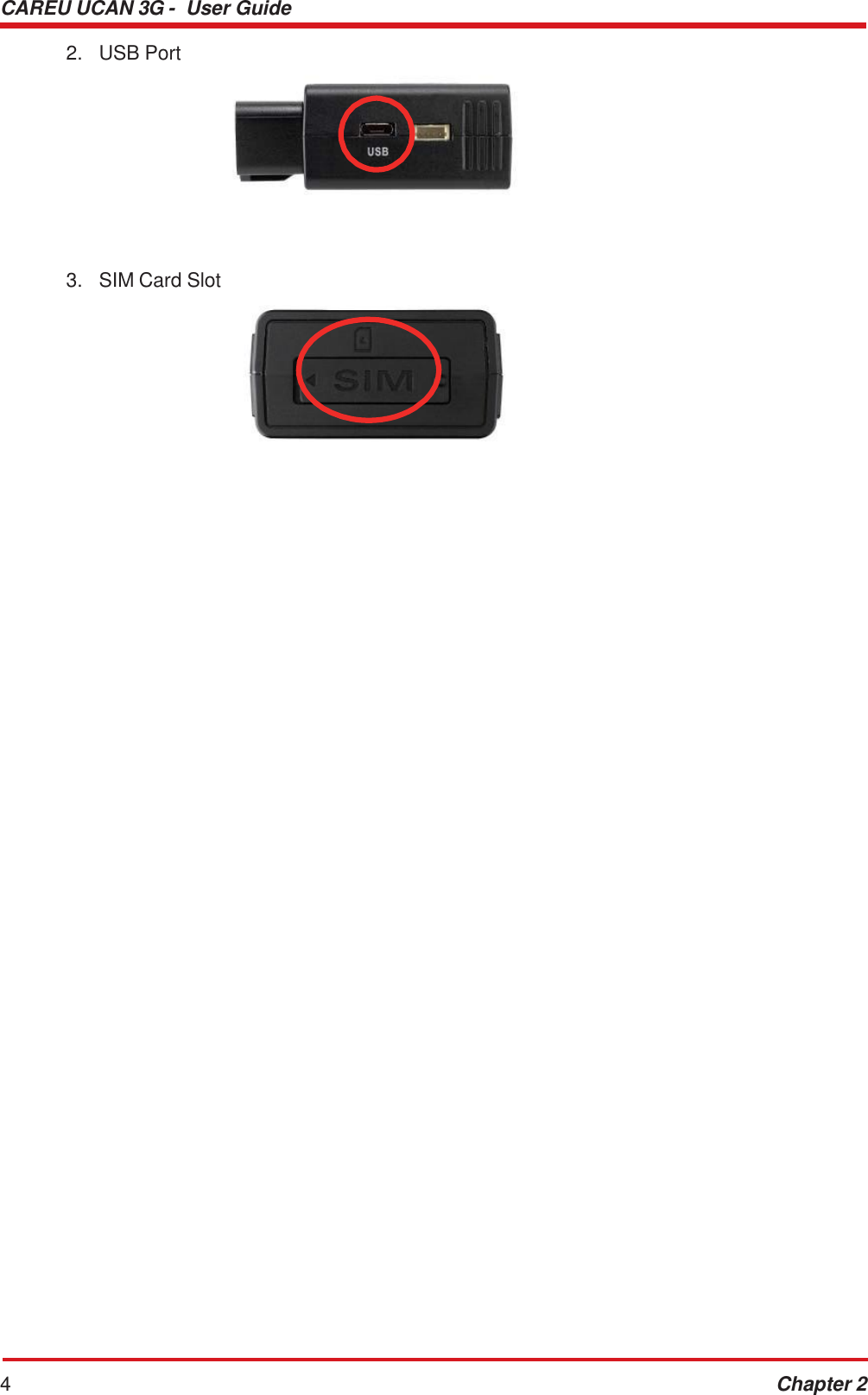 CAREU UCAN 3G -  User Guide 4 Chapter 2    2.   USB Port            3.   SIM Card Slot 