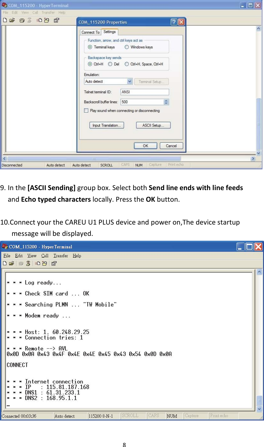  8     9. In the [ASCII Sending] group box. Select both Send line ends with line feeds and Echo typed characters locally. Press the OK button.  10.Connect your the CAREU U1 PLUS device and power on,The device startup message will be displayed.   