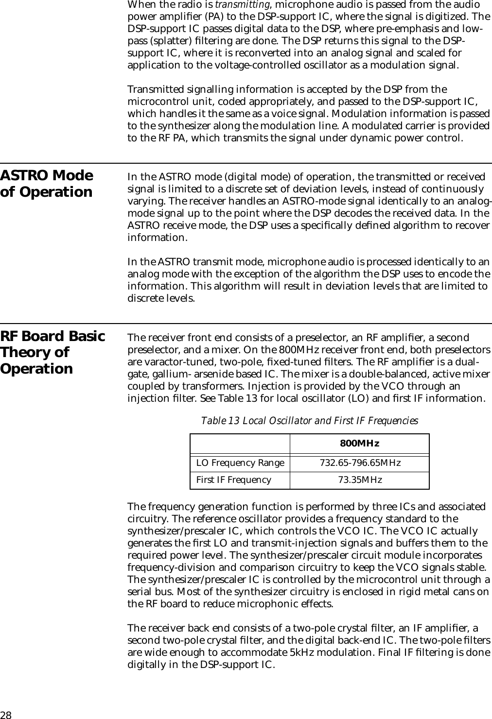 28When the radio is transmitting, microphone audio is passed from the audio power ampliﬁer (PA) to the DSP-support IC, where the signal is digitized. The DSP-support IC passes digital data to the DSP, where pre-emphasis and low-pass (splatter) ﬁltering are done. The DSP returns this signal to the DSP-support IC, where it is reconverted into an analog signal and scaled for application to the voltage-controlled oscillator as a modulation signal. Transmitted signalling information is accepted by the DSP from the microcontrol unit, coded appropriately, and passed to the DSP-support IC, which handles it the same as a voice signal. Modulation information is passed to the synthesizer along the modulation line. A modulated carrier is provided to the RF PA, which transmits the signal under dynamic power control.ASTRO Mode of Operation In the ASTRO mode (digital mode) of operation, the transmitted or received signal is limited to a discrete set of deviation levels, instead of continuously varying. The receiver handles an ASTRO-mode signal identically to an analog-mode signal up to the point where the DSP decodes the received data. In the ASTRO receive mode, the DSP uses a speciﬁcally deﬁned algorithm to recover information. In the ASTRO transmit mode, microphone audio is processed identically to an analog mode with the exception of the algorithm the DSP uses to encode the information. This algorithm will result in deviation levels that are limited to discrete levels.RF Board Basic Theory of OperationThe receiver front end consists of a preselector, an RF ampliﬁer, a second preselector, and a mixer. On the 800MHz receiver front end, both preselectors are varactor-tuned, two-pole, ﬁxed-tuned ﬁlters. The RF ampliﬁer is a dual-gate, gallium- arsenide based IC. The mixer is a double-balanced, active mixer coupled by transformers. Injection is provided by the VCO through an injection ﬁlter. See Table 13 for local oscillator (LO) and ﬁrst IF information.The frequency generation function is performed by three ICs and associated circuitry. The reference oscillator provides a frequency standard to the synthesizer/prescaler IC, which controls the VCO IC. The VCO IC actually generates the ﬁrst LO and transmit-injection signals and buffers them to the required power level. The synthesizer/prescaler circuit module incorporates frequency-division and comparison circuitry to keep the VCO signals stable. The synthesizer/prescaler IC is controlled by the microcontrol unit through a serial bus. Most of the synthesizer circuitry is enclosed in rigid metal cans on the RF board to reduce microphonic effects. The receiver back end consists of a two-pole crystal ﬁlter, an IF ampliﬁer, a second two-pole crystal ﬁlter, and the digital back-end IC. The two-pole ﬁlters are wide enough to accommodate 5kHz modulation. Final IF ﬁltering is done digitally in the DSP-support IC.Table 13 Local Oscillator and First IF Frequencies800MHzLO Frequency Range 732.65-796.65MHzFirst IF Frequency 73.35MHz