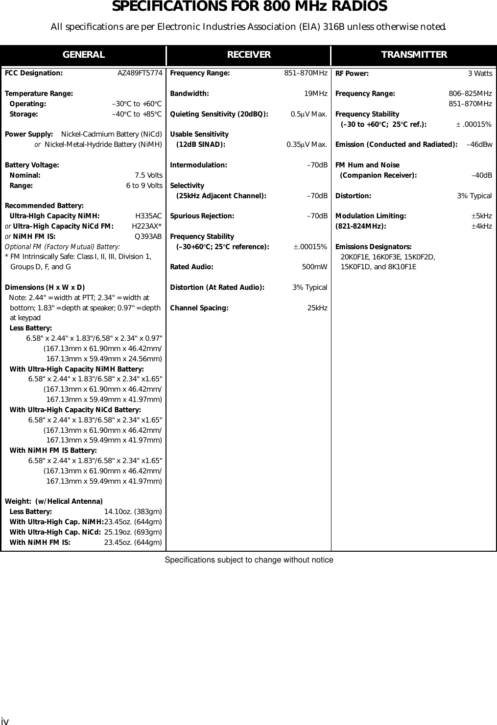  iv SPECIFICATIONS FOR 800 MHz RADIOS All speciﬁcations are per Electronic Industries Association (EIA) 316B unless otherwise noted . GENERAL RECEIVER TRANSMITTER FCC Designation:                            AZ489FT5774 Temperature Range:Operating: –30 ° C to +60 ° C Storage: –40 ° C to +85 ° C Power Supply:    Nickel-Cadmium Battery (NiCd) or   Nickel-Metal-Hydride Battery (NiMH) Battery Voltage:Nominal: 7.5 Volts Range: 6 to 9 Volts Recommended Battery:Ultra-HIgh Capacity NiMH: H335AC or   Ultra–High Capacity NiCd FM: H223AX* or   NiMH FM IS: Q393AB Optional FM (Factory Mutual) Battery: * FM Intrinsically Safe: Class I, II, III, Division 1, Groups D, F, and G Dimensions (H x W x D)   Note: 2.44&quot; = width at PTT; 2.34&quot; = width at bottom; 1.83&quot; = depth at speaker; 0.97&quot; = depth at keypad Less Battery: 6.58&quot; x 2.44&quot; x 1.83&quot;/6.58&quot; x 2.34&quot; x 0.97&quot;(167.13mm x 61.90mm x 46.42mm/167.13mm x 59.49mm x 24.56mm) With Ultra-High Capacity NiMH Battery: 6.58&quot; x 2.44&quot; x 1.83&quot;/6.58&quot; x 2.34&quot; x1.65&quot;(167.13mm x 61.90mm x 46.42mm/167.13mm x 59.49mm x 41.97mm) With Ultra-High Capacity NiCd Battery: 6.58&quot; x 2.44&quot; x 1.83&quot;/6.58&quot; x 2.34&quot; x1.65&quot;(167.13mm x 61.90mm x 46.42mm/167.13mm x 59.49mm x 41.97mm) With NiMH FM IS Battery: 6.58&quot; x 2.44&quot; x 1.83&quot;/6.58&quot; x 2.34&quot; x1.65&quot;(167.13mm x 61.90mm x 46.42mm/167.13mm x 59.49mm x 41.97mm) Weight:  (w/Helical Antenna)Less Battery: 14.10oz. (383gm) With Ultra-High Cap. NiMH: 23.45oz. (644gm) With Ultra-High Cap. NiCd: 25.19oz. (693gm) With NiMH FM IS: 23.45oz. (644gm) Frequency Range: 851–870MHz Bandwidth: 19MHz Quieting Sensitivity (20dBQ): 0.5 µ V Max. Usable Sensitivity(12dB SINAD): 0.35 µ V Max. Intermodulation: –70dB  Selectivity(25kHz Adjacent Channel): –70dB  Spurious Rejection: –70dB  Frequency Stability(–30+60 ° C; 25 ° C reference): ± .00015% Rated Audio: 500mW Distortion (At Rated Audio): 3% Typical Channel Spacing: 25kHz RF Power:  3 Watts Frequency Range: 806–825MHz851–870MHz Frequency Stability(–30 to +60 ° C;  25 ° C ref.): ±  .00015% Emission (Conducted and Radiated): –46dBw FM Hum and Noise(Companion Receiver): –40dB Distortion: 3% Typical Modulation Limiting: ± 5kHz (821-824MHz): ± 4kHz Emissions Designators: 20K0F1E, 16K0F3E, 15K0F2D,   15K0F1D, and 8K10F1E Specifications subject to change without notice