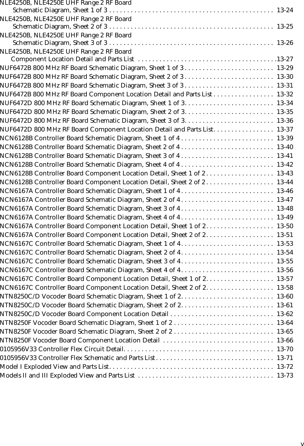  v NLE4250B, NLE4250E UHF Range 2 RF Board Schematic Diagram, Sheet 1 of 3 . . . . . . . . . . . . . . . . . . . . . . . . . . . . . . . . . . . . . . . . . . . . . .  13-24NLE4250B, NLE4250E UHF Range 2 RF Board Schematic Diagram, Sheet 2 of 3 . . . . . . . . . . . . . . . . . . . . . . . . . . . . . . . . . . . . . . . . . . . . . .  13-25NLE4250B, NLE4250E UHF Range 2 RF Board Schematic Diagram, Sheet 3 of 3 . . . . . . . . . . . . . . . . . . . . . . . . . . . . . . . . . . . . . . . . . . . . . .  13-26NLE4250B, NLE4250E UHF Range 2 RF Board Component Location Detail and Parts List  . . . . . . . . . . . . . . . . . . . . . . . . . . . . . . . . . . . . . . .13-27NUF6472B 800 MHz RF Board Schematic Diagram, Sheet 1 of 3. . . . . . . . . . . . . . . . . . . . . . . . .  13-29NUF6472B 800 MHz RF Board Schematic Diagram, Sheet 2 of 3. . . . . . . . . . . . . . . . . . . . . . . . .  13-30NUF6472B 800 MHz RF Board Schematic Diagram, Sheet 3 of 3. . . . . . . . . . . . . . . . . . . . . . . . .  13-31NUF6472B 800 MHz RF Board Component Location Detail and Parts List . . . . . . . . . . . . . . . . .  13-32NUF6472D 800 MHz RF Board Schematic Diagram, Sheet 1 of 3. . . . . . . . . . . . . . . . . . . . . . . . .  13-34NUF6472D 800 MHz RF Board Schematic Diagram, Sheet 2 of 3. . . . . . . . . . . . . . . . . . . . . . . . .  13-35NUF6472D 800 MHz RF Board Schematic Diagram, Sheet 3 of 3. . . . . . . . . . . . . . . . . . . . . . . . .  13-36NUF6472D 800 MHz RF Board Component Location Detail and Parts List. . . . . . . . . . . . . . . . .  13-37NCN6128B Controller Board Schematic Diagram, Sheet 1 of 4 . . . . . . . . . . . . . . . . . . . . . . . . . .  13-39NCN6128B Controller Board Schematic Diagram, Sheet 2 of 4 . . . . . . . . . . . . . . . . . . . . . . . . . .  13-40NCN6128B Controller Board Schematic Diagram, Sheet 3 of 4 . . . . . . . . . . . . . . . . . . . . . . . . . .  13-41NCN6128B Controller Board Schematic Diagram, Sheet 4 of 4 . . . . . . . . . . . . . . . . . . . . . . . . . .  13-42NCN6128B Controller Board Component Location Detail, Sheet 1 of 2. . . . . . . . . . . . . . . . . . .  13-43NCN6128B Controller Board Component Location Detail, Sheet 2 of 2. . . . . . . . . . . . . . . . . . .  13-44NCN6167A Controller Board Schematic Diagram, Sheet 1 of 4. . . . . . . . . . . . . . . . . . . . . . . . . .  13-46NCN6167A Controller Board Schematic Diagram, Sheet 2 of 4. . . . . . . . . . . . . . . . . . . . . . . . . .  13-47NCN6167A Controller Board Schematic Diagram, Sheet 3 of 4. . . . . . . . . . . . . . . . . . . . . . . . . .  13-48NCN6167A Controller Board Schematic Diagram, Sheet 4 of 4. . . . . . . . . . . . . . . . . . . . . . . . . .  13-49NCN6167A Controller Board Component Location Detail, Sheet 1 of 2. . . . . . . . . . . . . . . . . . .  13-50NCN6167A Controller Board Component Location Detail, Sheet 2 of 2. . . . . . . . . . . . . . . . . . .  13-51NCN6167C Controller Board Schematic Diagram, Sheet 1 of 4. . . . . . . . . . . . . . . . . . . . . . . . . .  13-53NCN6167C Controller Board Schematic Diagram, Sheet 2 of 4. . . . . . . . . . . . . . . . . . . . . . . . . .  13-54NCN6167C Controller Board Schematic Diagram, Sheet 3 of 4. . . . . . . . . . . . . . . . . . . . . . . . . .  13-55NCN6167C Controller Board Schematic Diagram, Sheet 4 of 4. . . . . . . . . . . . . . . . . . . . . . . . . .  13-56NCN6167C Controller Board Component Location Detail, Sheet 1 of 2. . . . . . . . . . . . . . . . . . .  13-57NCN6167C Controller Board Component Location Detail, Sheet 2 of 2. . . . . . . . . . . . . . . . . . .  13-58NTN8250C/D Vocoder Board Schematic Diagram, Sheet 1 of 2. . . . . . . . . . . . . . . . . . . . . . . . . .  13-60NTN8250C/D Vocoder Board Schematic Diagram, Sheet 2 of 2. . . . . . . . . . . . . . . . . . . . . . . . . .  13-61NTN8250C/D Vocoder Board Component Location Detail . . . . . . . . . . . . . . . . . . . . . . . . . . . . .  13-62NTN8250F Vocoder Board Schematic Diagram, Sheet 1 of 2 . . . . . . . . . . . . . . . . . . . . . . . . . . . .  13-64NTN8250F Vocoder Board Schematic Diagram, Sheet 2 of 2 . . . . . . . . . . . . . . . . . . . . . . . . . . . .  13-65NTN8250F Vocoder Board Component Location Detail  . . . . . . . . . . . . . . . . . . . . . . . . . . . . . . .  13-660105956V33 Controller Flex Circuit Detail. . . . . . . . . . . . . . . . . . . . . . . . . . . . . . . . . . . . . . . . . .  13-700105956V33 Controller Flex Schematic and Parts List. . . . . . . . . . . . . . . . . . . . . . . . . . . . . . . . .  13-71Model I Exploded View and Parts List. . . . . . . . . . . . . . . . . . . . . . . . . . . . . . . . . . . . . . . . . . . . . .  13-72Models II and III Exploded View and Parts List  . . . . . . . . . . . . . . . . . . . . . . . . . . . . . . . . . . . . . .  13-73