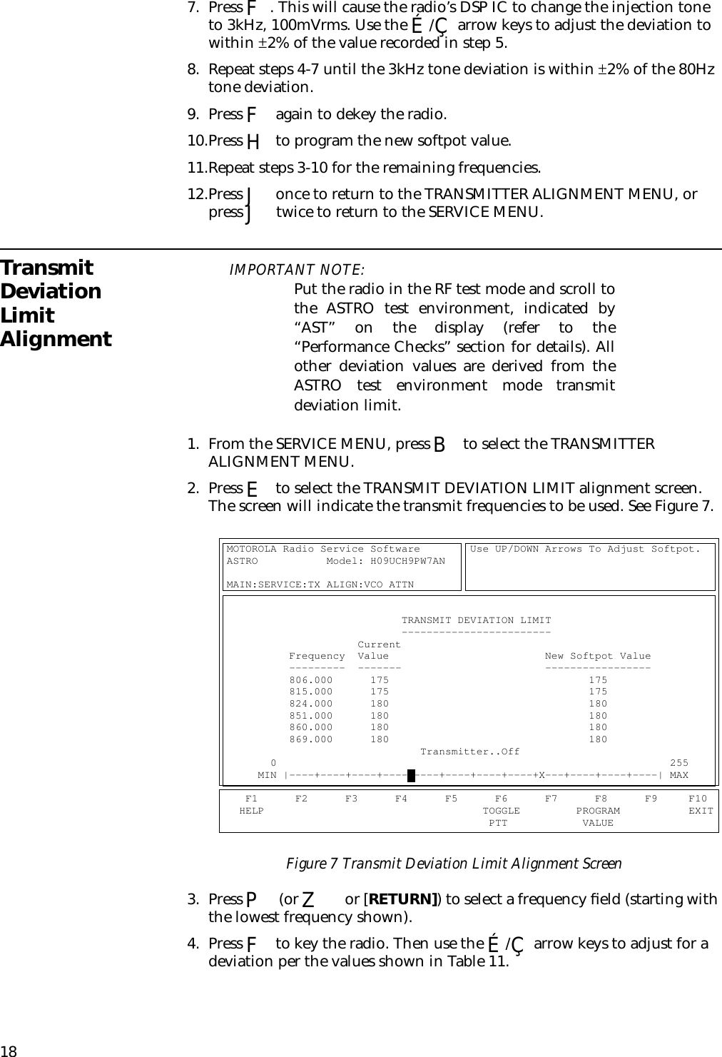 187. Press F. This will cause the radio’s DSP IC to change the injection tone to 3kHz, 100mVrms. Use the É/Ç arrow keys to adjust the deviation to within ±2% of the value recorded in step 5.8. Repeat steps 4-7 until the 3kHz tone deviation is within ±2% of the 80Hz tone deviation.9. Press F again to dekey the radio.10.Press H to program the new softpot value.11.Repeat steps 3-10 for the remaining frequencies.12.Press J once to return to the TRANSMITTER ALIGNMENT MENU, or press J twice to return to the SERVICE MENU.Transmit Deviation Limit AlignmentIMPORTANT NOTE:Put the radio in the RF test mode and scroll tothe ASTRO test environment, indicated by“AST” on the display (refer to the“Performance Checks” section for details). Allother deviation values are derived from theASTRO test environment mode transmitdeviation limit.1. From the SERVICE MENU, press B to select the TRANSMITTER ALIGNMENT MENU.2. Press E to select the TRANSMIT DEVIATION LIMIT alignment screen. The screen will indicate the transmit frequencies to be used. See Figure 7.Figure 7 Transmit Deviation Limit Alignment Screen3. Press P (or Z or [RETURN]) to select a frequency ﬁeld (starting with the lowest frequency shown).4. Press F to key the radio. Then use the É/Ç arrow keys to adjust for a deviation per the values shown in Table 11.MOTOROLA Radio Service Software        Use UP/DOWN Arrows To Adjust Softpot.   ASTRO           Model: H09UCH9PW7AN                                                                                                                             MAIN:SERVICE:TX ALIGN:VCO ATTN                                                                                                                                                                   TRANSMIT DEVIATION LIMIT                                                        ------------------------                                                 Current                                                              Frequency  Value                         New Softpot Value                      ---------  -------                       -----------------                      806.000      175                                175                             815.000      175                                175                             824.000      180                                180                             851.000      180                                180                             860.000      180                                180                             869.000      180                                180                                                  Transmitter..Off                                      0                                                               255           MIN |----+----+----+----+----+----+----+----+X---+----+----+----| MAX            F1      F2      F3      F4      F5      F6      F7      F8      F9     F10     HELP                                   TOGGLE         PROGRAM           EXIT                                            PTT            VALUE                  