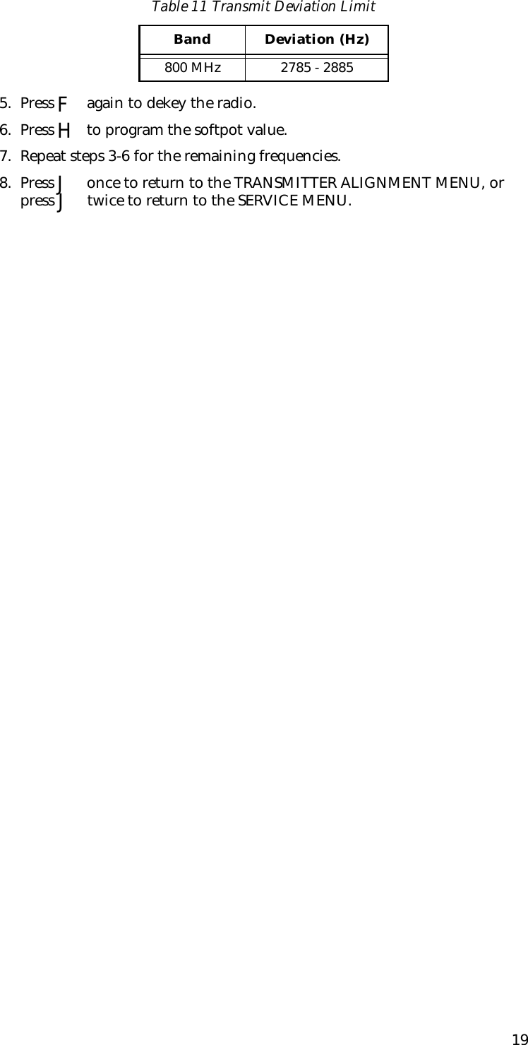195. Press F again to dekey the radio.6. Press H to program the softpot value.7. Repeat steps 3-6 for the remaining frequencies.8. Press J once to return to the TRANSMITTER ALIGNMENT MENU, or press J twice to return to the SERVICE MENU.Table 11 Transmit Deviation LimitBand Deviation (Hz)800 MHz 2785 - 2885