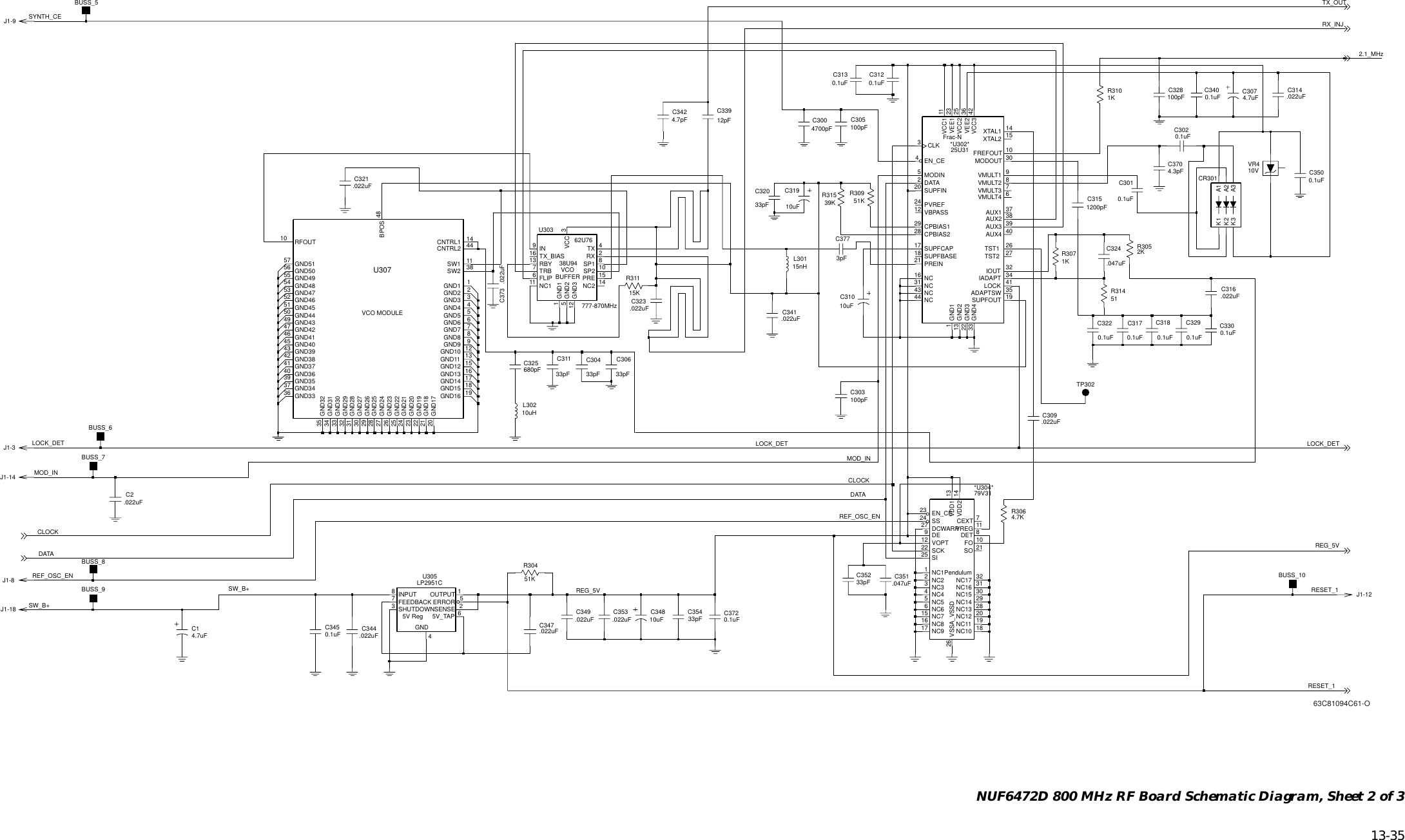   13-35 NUF6472D 800 MHz RF Board Schematic Diagram, Sheet 2 of 3VCO MODULEVCOBUFFER5V RegPendulumFrac-NVREG 11VSSA_VSSD26C3220.1uFNC917SCK22SI25 SO 21SS24VDD1 13VDD2 14VOPT12NC17 32NC22NC33NC44NC55NC66NC715NC816NC11NC10 18NC11 19NC12 20NC13 28NC14 29NC15 30NC16 31EN_CE23CEXT 7DCWARP27DE9DET 8FO 10C3500.1uF*U304*79V31C3120.1uF4.3pFC33912pFC370J1-9C3020.1uFC305100pFC3450.1uFXTAL2 15C324.047uF27TST2VBPASS12VEE2 36VMULT1 9VMULT2 8VMULT3 7VMULT4 6XTAL1 1444 NCPREIN21PVREF2418 SUPFBASE17 SUPFCAPSUPFIN2019SUPFOUT26TST1IADAPT 34IOUT 32LOCK 41MODIN530MODOUT16 NC31 NC43 NCVCC2 25VCC3 424EN_CEFREFOUT 101GND113 GND222 GND333 GND4AUX3 39AUX4 40CLK329 CPBIAS1CPBIAS228DATA2VEE1 23VCC1 11*U302*25U3135ADAPTSWAUX1 37AUX2 38C316.022uFJ1-8.022uFC3130.1uFC321C3170.1uF10uHL302BUSS_713 RBY2RX 8SP1 10SP2TRB74TX16 TX_BIASVCC 3FLIP6GND11GND25GND3129IN11 NC1 14NC2PRE 1562U76U3030.1uFC3400.1uF.022uFC330100pFC309C31133pFC328R30951K.022uFC3424.7pFC341C3074.7uF3pFC35433pFC3776GND6 7GND7 8GND8 9GND9RFOUT10SW1 1138SW251 GND4552 GND4653 GND4754 GND4855 GND495GND556 GND5057 GND5142 GND3843 GND394GND445 GND4046 GND4147 GND4249 GND4350 GND4433 GND3034 GND3135 GND3236 GND3337 GND3439 GND35GND3640 GND374126 GND2327 GND2428 GND2529 GND26GND273031 GND2832 GND293GND3GND16 1920 GND1721 GND1822 GND192GND223 GND2024 GND2125 GND2244CNTRL21GND112GND10 13GND11GND12 1516GND13 17GND14 18GND15777-870MHzU30738U9448BPOS14CNTRL1C30633pFC314.022uFC344.022uF15nHR30451K680pFL3011KC325C14.7uFR3101200pFC3180.1uFC315J1-12C31910uFBUSS_9J1-14C3720.1uFR3071KBUSS_6J1-18C30433pFC34810uF15KR311.022uFC3010.1uF.022uFC2J1-3C347C323.022uFR31539KC3510.1uF.047uF7FEEDBACK4GND8INPUT OUTPUT 12SENSE3SHUTDOWNC329U305LP2951C5V_TAP 6ERROR 5C349.022uFR31451.022uFTP302C300C353A2A3K1K2K34700pFCR301A1VR410VC32033pFBUSS_5BUSS_8BUSS_10C303100pF4.7KR3062KR305C373 .022uFC35233pF10uFREG_5VREG_5VDATADATACLOCKCLOCKSYNTH_CEC310REF_OSC_ENREF_OSC_ENSW_B+SW_B+TX_OUTRESET_1RESET_12.1_MHzRX_INJMOD_INMOD_INLOCK_DETLOCK_DETLOCK_DET63C81094C61-O