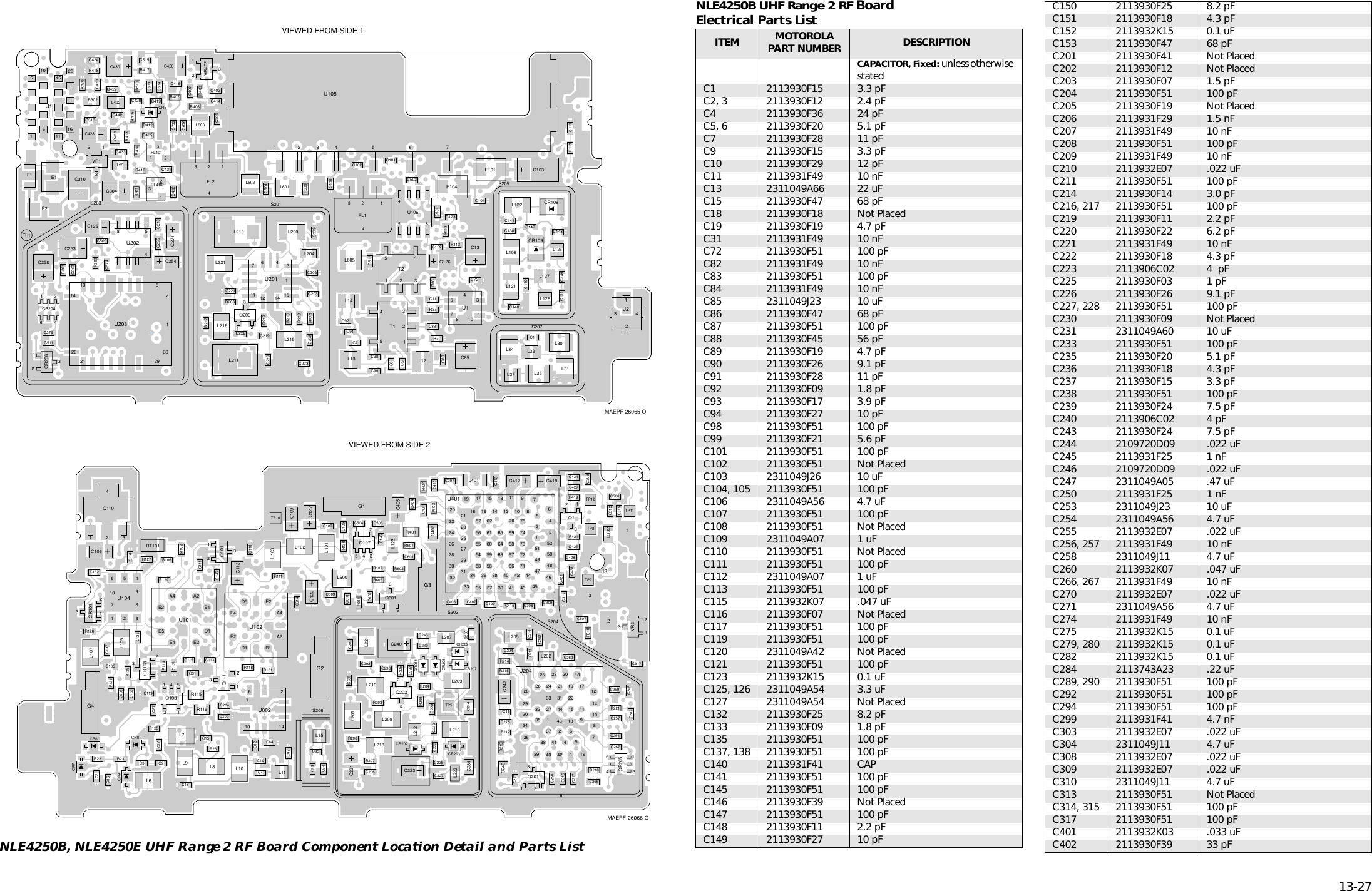   13-27 NLE4250B, NLE4250E UHF Range 2 RF Board Component Location Detail and Parts ListMAEPF-26065-OC1C5C611C6C7C11C13C72C83C85C89C90C98C91C92C101C102 C103C104C108C117C123C125C126C138C140C141C147 C148C149C150C151C152C202C203C208 C209C210C219C220C221C222C233C253C254C255C258C260C271C274C279C304C310C313C402C409C414C416C419C420C422C423C424C426C428C430C431C432C433C442C450C500C501C502C511C513C514C515C604C605C606C702CR5CR108CR109CR204CR206E2E101E104F1 E11432FL11432FL2112233FL4011112334623FL4021123611165101520J14312J2L12L13L14L25L30L31L32L34L35L37L108L121L122L126L127L128L204L210L211L215L216L220L221L402L601L602L603L605Q203R7R27R36R110R112R113R206R210R217R219R220R222R223R301R302R403R405R406R407R410R411R412R413R414R416R417R418R420R510R603S201S203S205S20721543T121543T2TH181041357U11234567U105VIEWED FROM SIDE 18541U1061133215141211764U2018541U202214513142029301U203VR1VR402MAEPF-26066-OC2C3C4C9C10C15C18C19C31C82C84C86C87C88C93C94C99C105C106C107C109C110C111C112C113C115C116C119C120C121C127C132C133C135C137C145C146C153C201C204C205C206C207C211 C214C216C217C223C225C226C227C228C230C231 C235C236C237C238C239C240C243C244C245C246 C247C250C256C257C266C267C270C275C280C282C284C289C290C292C294C303C314R610C315C507C401C403C404C405C406 C407C408C410C413C415C417 C418C421C425C427C429C434C438C503C504C505C506C308 C309C512C601C602C609C610C614CR6CR7CR8CR9CR101CR103CR201CR202CR203CR205CR207CR208CR209321J3L6L7L8L9 L10 L11L15L102L103L105L107L123L201L202L205L207L208L209L212L213L218L219L223L224L302L401L600Q1Q101Q107Q108Q110VIEWED FROM SIDE 2Q111Q201Q202Q601R22 R23R26L101R101R102R106R107R111R114R115R116R118R125R126R127R128R129R130R131R203R204R205R207R208R209R211R212R213R214R215R218R221C317R401R402R404R419R421R601R602R604R605RT101S202S204S206TP5TP7TP8TP10TP11TP122141071111111222222333333463456U002G2G3G1D5E2 B1D1A4 A2E4 E2U101G4D5 E2B1D1A4A2E4E2U102U10481014171922111513 95643424041243443121202324332737382632352930343911816253628712U2043028262422 21 18232554555657616059 6364656216 1417 15 1312272931 53 5834 3635 37 39 41 4338 4066676869701011 98757473727142 44 4749511111113333453354850522222224464533322019 76U401VR3123412345678910 NLE4250B UHF Range 2 RF  BoardElectrical Parts List                                              ITEM MOTOROLAPART NUMBER DESCRIPTION CAPACITOR, Fixed:   unless otherwise statedC1 2113930F15 3.3 pFC2, 3 2113930F12 2.4 pFC4 2113930F36 24 pFC5, 6 2113930F20 5.1 pFC7 2113930F28 11 pFC9 2113930F15 3.3 pFC10 2113930F29 12 pFC11 2113931F49 10 nFC13 2311049A66 22 uFC15 2113930F47 68 pFC18 2113930F18 Not PlacedC19 2113930F19 4.7 pFC31 2113931F49 10 nFC72 2113930F51 100 pFC82 2113931F49 10 nFC83 2113930F51 100 pFC84 2113931F49 10 nFC85 2311049J23 10 uFC86 2113930F47 68 pFC87 2113930F51 100 pFC88 2113930F45 56 pFC89 2113930F19 4.7 pFC90 2113930F26 9.1 pFC91 2113930F28 11 pFC92 2113930F09 1.8 pFC93 2113930F17 3.9 pFC94 2113930F27 10 pFC98 2113930F51 100 pFC99 2113930F21 5.6 pFC101 2113930F51 100 pFC102 2113930F51 Not PlacedC103 2311049J26 10 uFC104, 105 2113930F51 100 pFC106 2311049A56 4.7 uFC107 2113930F51 100 pFC108 2113930F51 Not PlacedC109 2311049A07 1 uFC110 2113930F51 Not PlacedC111 2113930F51 100 pFC112 2311049A07 1 uFC113 2113930F51 100 pFC115 2113932K07 .047 uFC116 2113930F07 Not PlacedC117 2113930F51 100 pFC119 2113930F51 100 pFC120 2311049A42 Not PlacedC121 2113930F51 100 pFC123 2113932K15 0.1 uFC125, 126 2311049A54 3.3 uFC127 2311049A54 Not PlacedC132 2113930F25 8.2 pFC133 2113930F09 1.8 pFC135 2113930F51 100 pFC137, 138 2113930F51 100 pFC140 2113931F41 CAPC141 2113930F51 100 pFC145 2113930F51 100 pFC146 2113930F39 Not PlacedC147 2113930F51 100 pFC148 2113930F11 2.2 pFC149 2113930F27 10 pFC150 2113930F25 8.2 pFC151 2113930F18 4.3 pFC152 2113932K15 0.1 uFC153 2113930F47 68 pFC201 2113930F41 Not PlacedC202 2113930F12 Not PlacedC203 2113930F07 1.5 pFC204 2113930F51 100 pFC205 2113930F19 Not PlacedC206 2113931F29 1.5 nFC207 2113931F49 10 nFC208 2113930F51 100 pFC209 2113931F49 10 nFC210 2113932E07 .022 uFC211 2113930F51 100 pFC214 2113930F14 3.0 pFC216, 217 2113930F51 100 pFC219 2113930F11 2.2 pFC220 2113930F22 6.2 pFC221 2113931F49 10 nFC222 2113930F18 4.3 pFC223 2113906C02 4  pFC225 2113930F03 1 pFC226 2113930F26 9.1 pFC227, 228 2113930F51 100 pFC230 2113930F09 Not PlacedC231 2311049A60 10 uFC233 2113930F51 100 pFC235 2113930F20 5.1 pFC236 2113930F18 4.3 pFC237 2113930F15 3.3 pFC238 2113930F51 100 pFC239 2113930F24 7.5 pFC240 2113906C02 4 pFC243 2113930F24 7.5 pFC244 2109720D09 .022 uFC245 2113931F25 1 nFC246 2109720D09 .022 uFC247 2311049A05 .47 uFC250 2113931F25 1 nFC253 2311049J23 10 uFC254 2311049A56 4.7 uFC255 2113932E07 .022 uFC256, 257 2113931F49 10 nFC258 2311049J11 4.7 uFC260 2113932K07 .047 uFC266, 267 2113931F49 10 nFC270 2113932E07 .022 uFC271 2311049A56 4.7 uFC274 2113931F49 10 nFC275 2113932K15 0.1 uFC279, 280 2113932K15 0.1 uFC282 2113932K15 0.1 uFC284 2113743A23 .22 uFC289, 290 2113930F51 100 pFC292 2113930F51 100 pFC294 2113930F51 100 pFC299 2113931F41 4.7 nFC303 2113932E07 .022 uFC304 2311049J11 4.7 uFC308 2113932E07 .022 uFC309 2113932E07 .022 uFC310 2311049J11 4.7 uFC313 2113930F51 Not PlacedC314, 315 2113930F51 100 pFC317 2113930F51 100 pFC401 2113932K03 .033 uFC402 2113930F39 33 pF