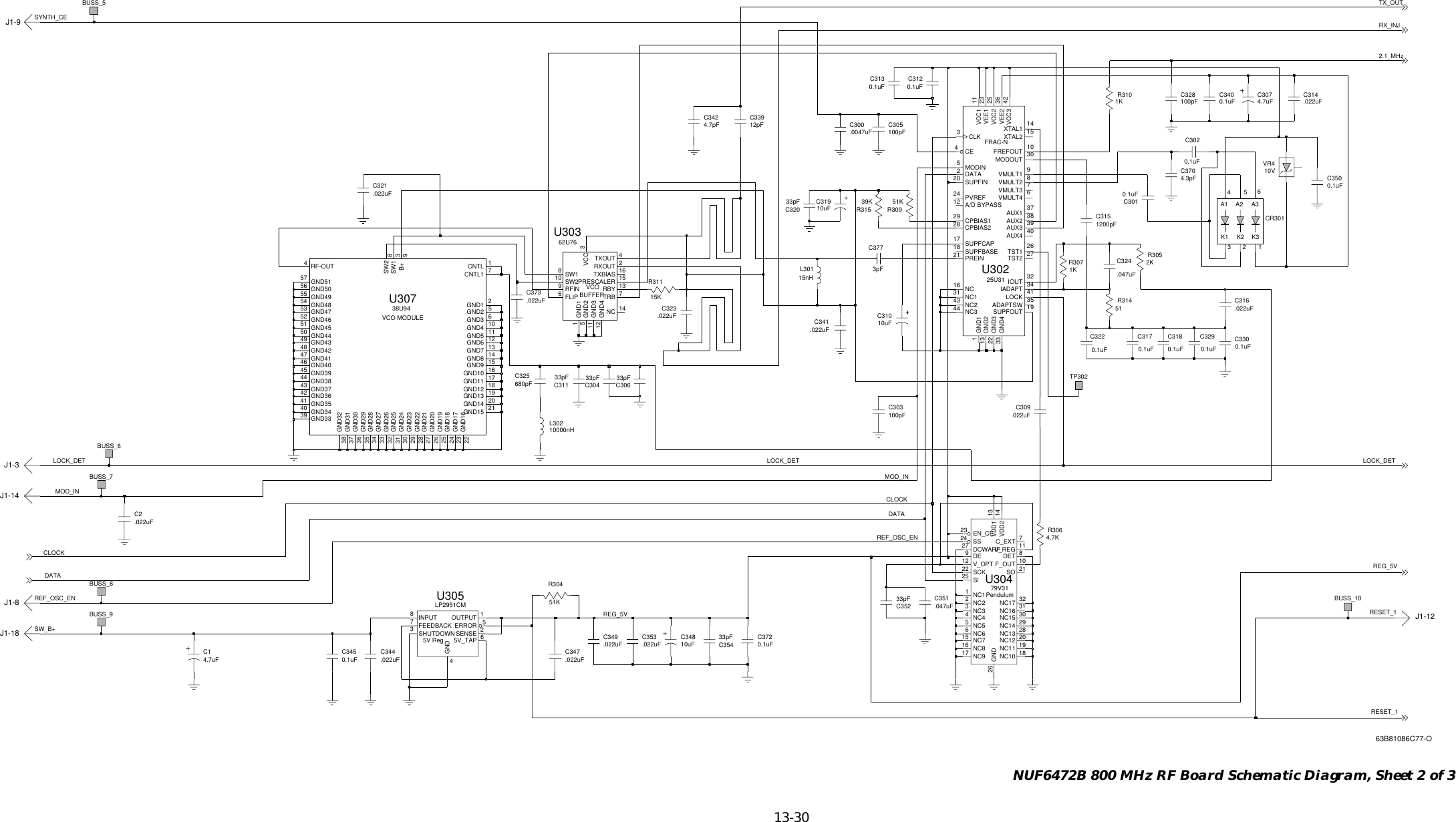   13-30 NUF6472B 800 MHz RF Board Schematic Diagram, Sheet 2 of 30.1uF0.1uF0.1uF0.1uFLOCK_DETLOCK_DETLOCK_DETRX_INJTX_OUTSW_B+SYNTH_CEMOD_INMOD_INREF_OSC_ENREF_OSC_ENDATADATACLOCKCLOCKFLIPVCCRBYRFIN9PRESCALER 1514NCGND412 GND311 GND25C328100pFGND1163TXOUT 4TXBIAS 16TRB 7SW210 SW18RXOUT 21362U76U3030.1uF.022uFC373REG_5VREG_5VC3400.1uF2.1_MHzRESET_1RESET_14.7KR3062KR305BUSS_8100pFC30333pFC311J1-18BUSS_10J1-124A15A26VR410V1K3.0047uFC300CR301.022uFC349A33K12K251KR309C2.022uFTP302C347.022uF15KR311C3010.1uF15nHL301C34810uF39KC30633pF33pFC304R315C318C344.022uFC309.022uFC33079V31U304EN_CE51KR3048F_OUT 10NC11NC10 18NC1133pFC35230NC16 31NC17 32NC22NC323C_EXT 7DCWARP27DE9DET15NC816NC917SCK22SI19NC12 20NC13 28NC14 29NC15VDD2 14V_OPT12V_REG 11GND263NC44NC55NC66NC70.1uFC372U305LP2951CM25 SO 21SS24VDD1 137FEEDBACK4GND8INPUT OUTPUT 12SENSE0.1uFC302U30225U315V_TAP 6ERROR 5AUX1 37AUX2 38AUX3 39AUX4 40CE43SHUTDOWNDATA2VEE1 23VCC1 11VCC2 25VCC3 4235ADAPTSWGND322GND433IADAPT 34IOUT 32LOCK 41CLK329 CPBIAS1CPBIAS22831 NC143 NC244 NC3PREIN21PVREF24FREFOUT 101GND1GND21319SUPFOUTTST1 26TST2 27A/D BYPASS12VEE2 36MODIN530MODOUT16 NCVMULT4 6XTAL1 14XTAL2 15C32918 SUPFBASE17 SUPFCAPSUPFIN20.047uFC351VMULT1 9VMULT2 8VMULT3 7C31710000nHL302C321.022uF0.1uFC316.022uFC324.047uFC313J1-8C353.022uFBUSS_7BUSS_6BUSS_5C314.022uFBUSS_9J1-14C31010uFJ1-31KR3070.1uFC312R314C32033pFU30738U94 511CNTL 7CNTL12GND116GND10 17GND11GND12 1819GND1321GND15GND162223 GND1724 GND1825 GND195GND226 GND209B+28 GND2229 GND2330 GND2431 GND2532 GND26GND273334 GND2820GND146GND336 GND3037 GND3138 GND3239 GND3340 GND3441 GND35GND3627 GND21GND374344 GND3845 GND3910GND446 GND4047 GND4148 GND4235 GND2950 GND4451 GND4552 GND4653 GND4754 GND4855 GND4911GND5564257 GND5112GND6 13GND7 14GND8 15GND94RF-OUTSW1 349 GND43SW24.7uFC307GND50C3773pF833pFC354C341.022uFC3450.1uFC305100pF10uFC31912pFC339J1-9C3704.3pFC3151200pF4.7pFC3420.1uFC350C322C323.022uFR3104.7uFC1C325680pF1KVCO MODULEVCOBUFFER5V RegPendulumFRAC-N63B81086C77-O