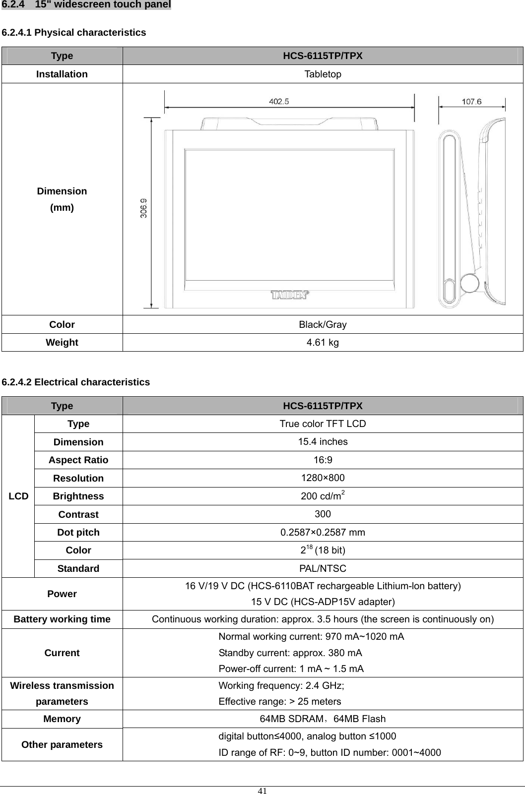 6.2.4  15&quot; widescreen touch panel 6.2.4.1 Physical characteristics Type  HCS-6115TP/TPX Installation  Tabletop Dimension (mm)  Color  Black/Gray Weight  4.61 kg  6.2.4.2 Electrical characteristics Type  HCS-6115TP/TPX Type  True color TFT LCD Dimension  15.4 inches Aspect Ratio  16:9 Resolution  1280×800 Brightness  200 cd/m2 Contrast  300 Dot pitch  0.2587×0.2587 mm Color  218 (18 bit) LCD Standard  PAL/NTSC Power  16 V/19 V DC (HCS-6110BAT rechargeable Lithium-lon battery) 15 V DC (HCS-ADP15V adapter) Battery working time Continuous working duration: approx. 3.5 hours (the screen is continuously on) Current Normal working current: 970 mA~1020 mA Standby current: approx. 380 mA Power-off current: 1 mA ~ 1.5 mA Wireless transmission parameters Working frequency: 2.4 GHz; Effective range: &gt; 25 meters Memory  64MB SDRAM，64MB Flash Other parameters  digital button≤4000, analog button ≤1000 ID range of RF: 0~9, button ID number: 0001~4000  41