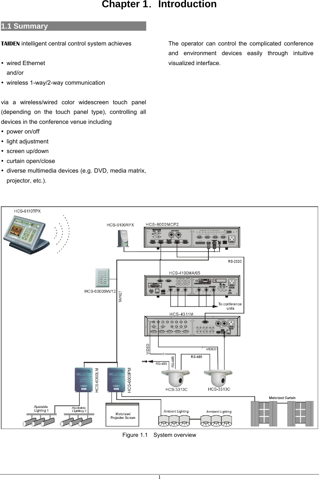 Chapter 1．Introduction 1.1 Summary                           TAIDEN intelligent central control system achieves    y wired Ethernet  and/or  y wireless 1-way/2-way communication  via a wireless/wired color widescreen touch panel (depending on the touch panel type), controlling all devices in the conference venue including   y power on/off y light adjustment y screen up/down y curtain open/close y  diverse multimedia devices (e.g. DVD, media matrix, projector, etc.).  The operator can control the complicated conference and environment devices easily through intuitive visualized interface.              Figure 1.1  System overview    1