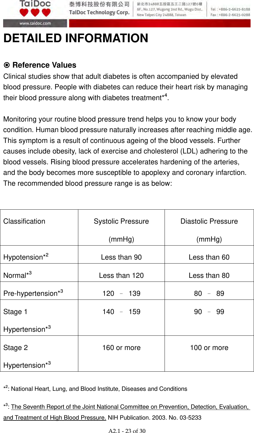  A2.1‐23of30 DETAILED INFORMATION   Reference Values Clinical studies show that adult diabetes is often accompanied by elevated blood pressure. People with diabetes can reduce their heart risk by managing their blood pressure along with diabetes treatment*4.  Monitoring your routine blood pressure trend helps you to know your body condition. Human blood pressure naturally increases after reaching middle age. This symptom is a result of continuous ageing of the blood vessels. Further causes include obesity, lack of exercise and cholesterol (LDL) adhering to the blood vessels. Rising blood pressure accelerates hardening of the arteries, and the body becomes more susceptible to apoplexy and coronary infarction. The recommended blood pressure range is as below:   Classification Systolic Pressure (mmHg) Diastolic Pressure (mmHg) Hypotension*2  Less than 90  Less than 60 Normal*3  Less than 120  Less than 80 Pre-hypertension*3 120 &ndash; 139  80 &ndash; 89 Stage 1 Hypertension*3 140  &ndash; 159  90 &ndash; 99 Stage 2 Hypertension*3 160 or more  100 or more  *2: National Heart, Lung, and Blood Institute, Diseases and Conditions   *3: The Seventh Report of the Joint National Committee on Prevention, Detection, Evaluation, and Treatment of High Blood Pressure. NIH Publication. 2003. No. 03-5233   
