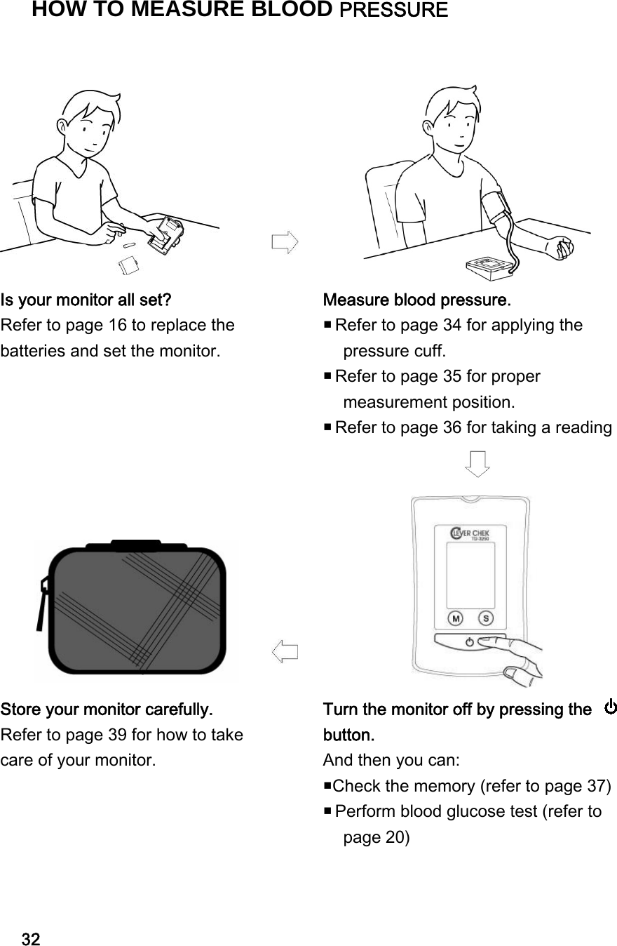    Is your monitor all set? Refer to page 16 to replace the batteries and set the monitor.         Measure blood pressure.  Refer to page 34 for applying the pressure cuff.  Refer to page 35 for proper measurement position.  Refer to page 36 for taking a reading            Store your monitor carefully. Refer to page 39 for how to take care of your monitor.         Turn the monitor off by pressing the   button.  And then you can: Check the memory (refer to page 37)  Perform blood glucose test (refer to page 20)    32HOW TO MEASURE BLOOD PRESSURE 